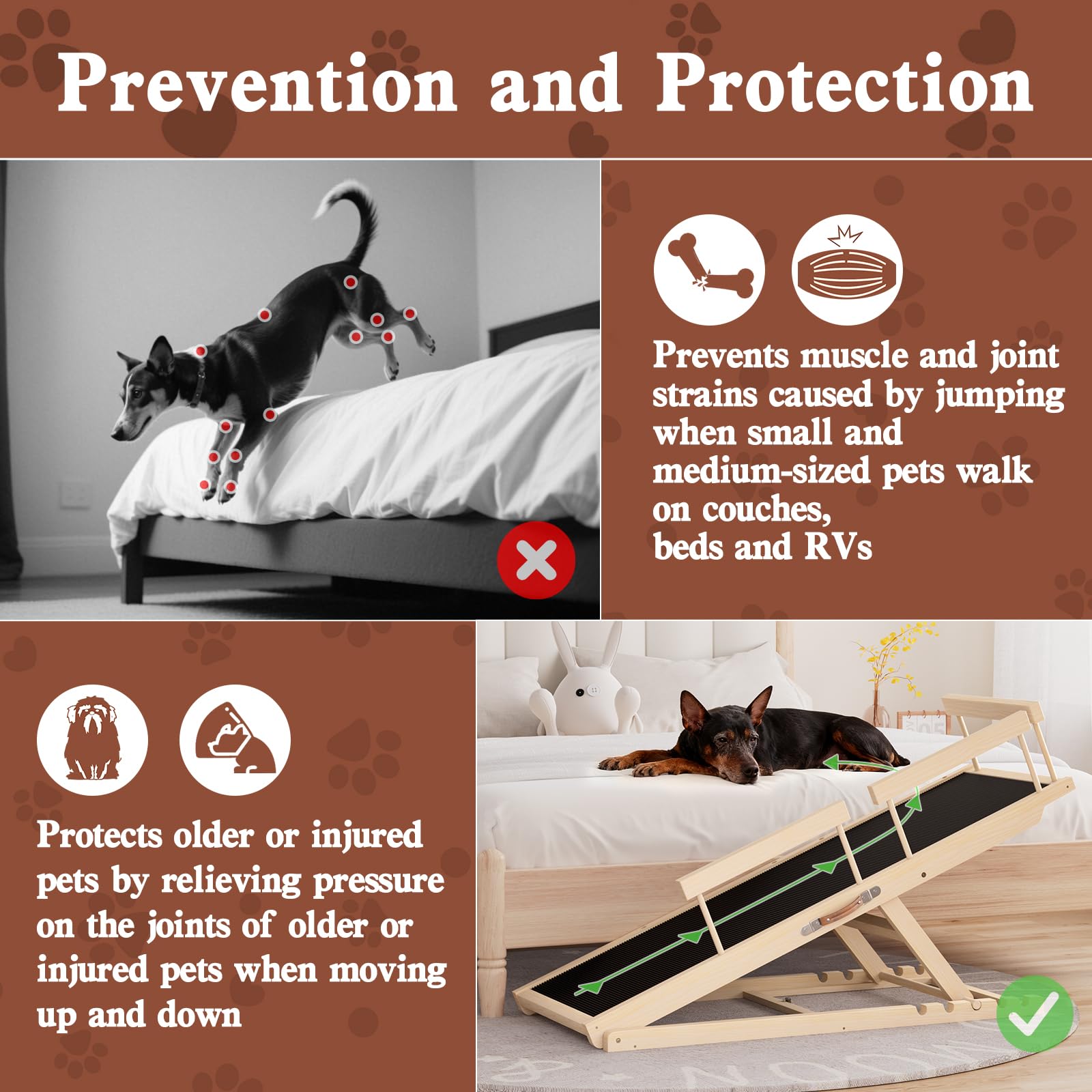 Chuiendi Dog Ramp for High Bed, Couch, Car, Pet Ramps 55.12" Long Adjustable 19.3"-27.17" Wooden Dog Step with Anti-slip Rubber Mat & Safety Side Rails for Small Medium Large Older Pets, up to 250 lbs Gronata
