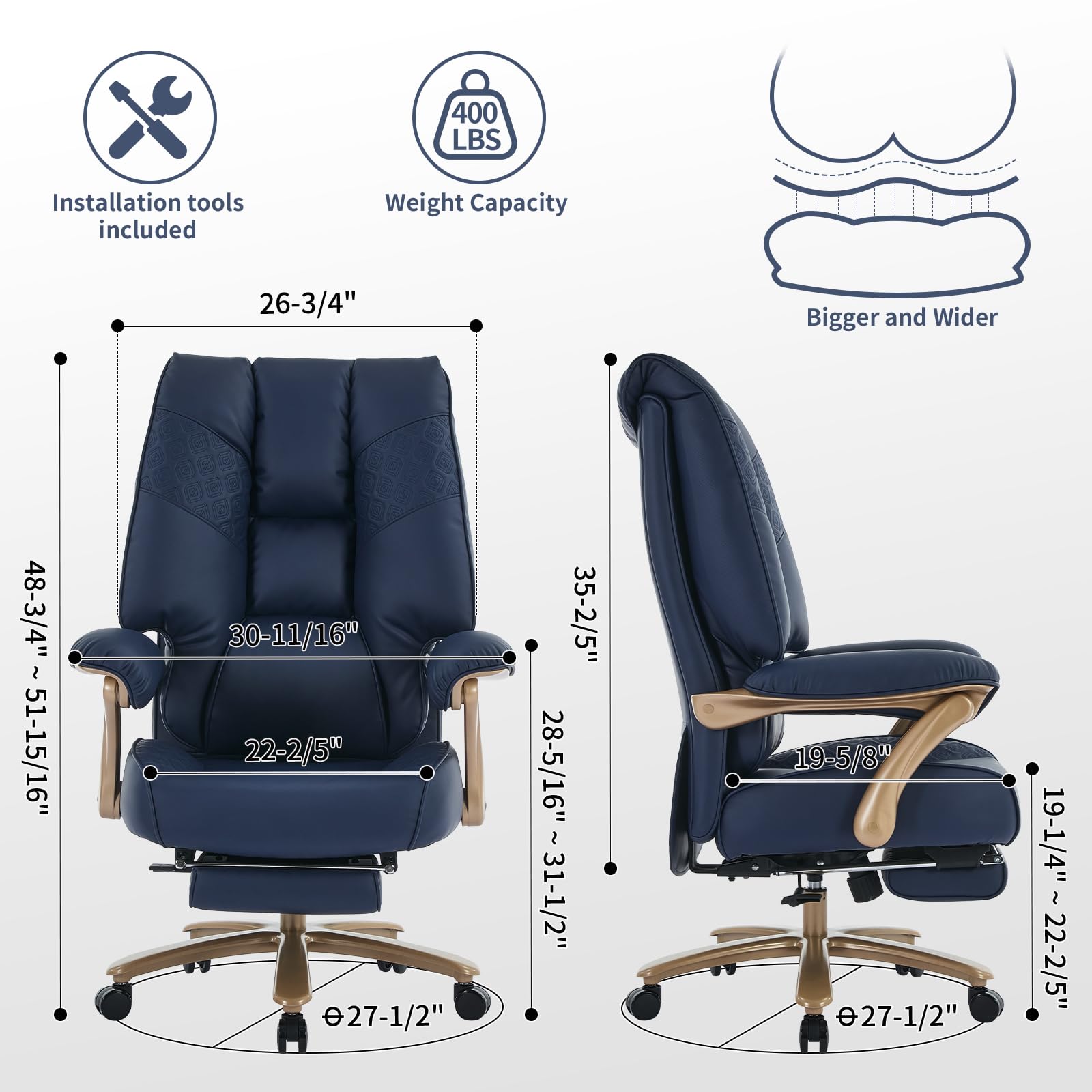EXCEBET Big and Tall Executive Office Chair with Footrest, 400LBS Capacity Ergonomic High-Back Desk Office Chair with Lumbar Support, Padded Armrests & Thick Cushion, White PU Leather Chairs Gronata