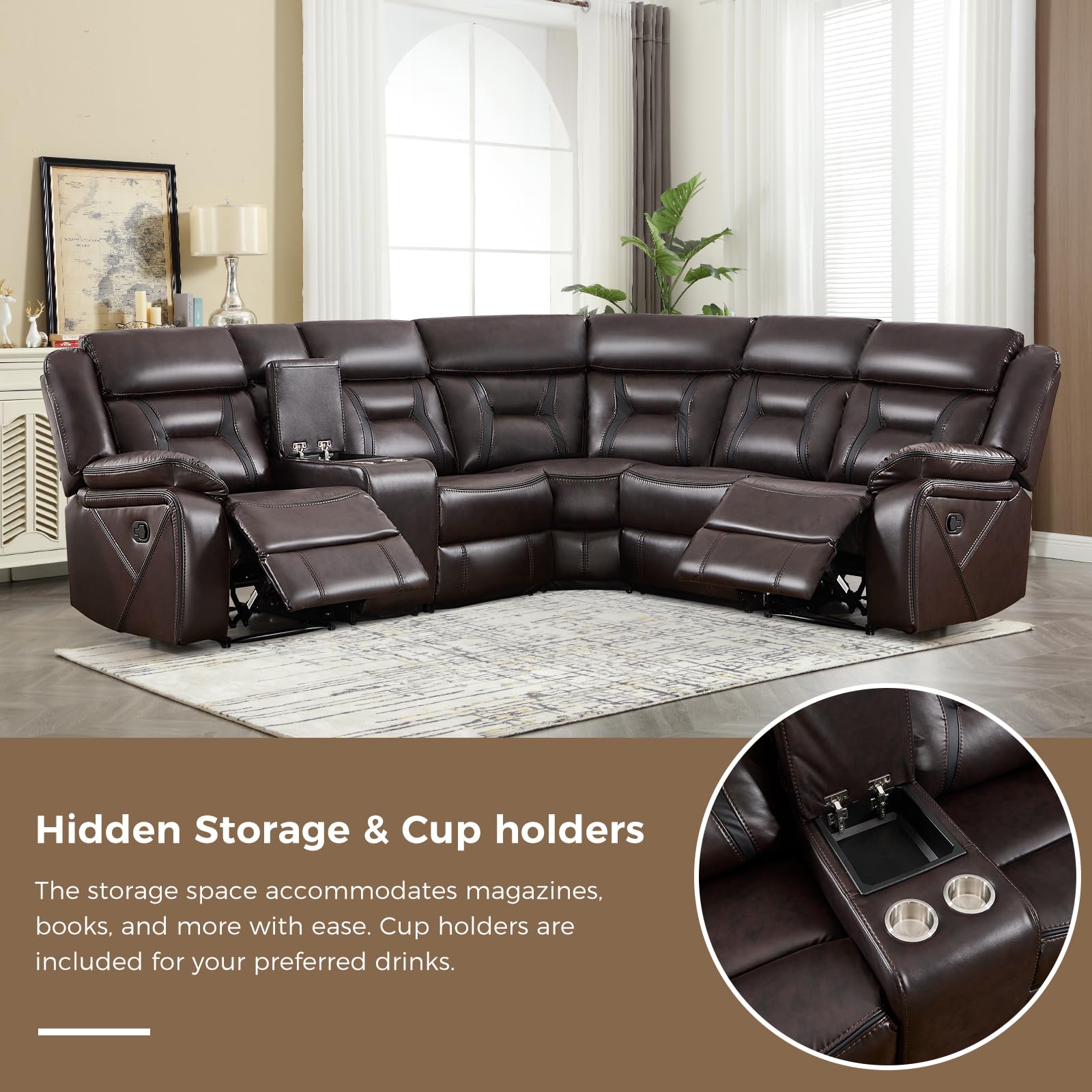 EBELLO Faux Leather Recliner Sofa Furniture Set for Living Room, 2 Recliner Chairs, 3 Seat Reclining Sofa Couch Set for Meeting Room, Brown Gronata