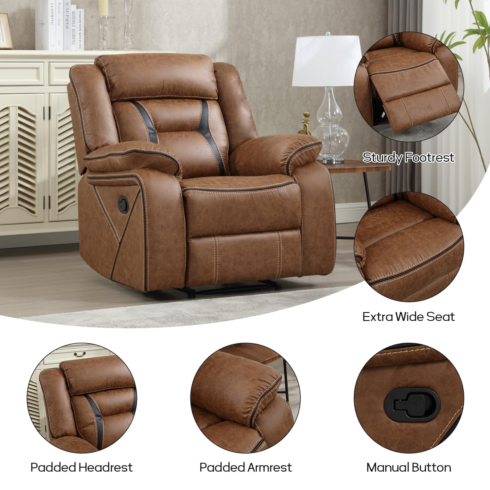 EBELLO Faux Leather Recliner Sofa Furniture Set for Living Room, 2 Recliner Chairs, 3 Seat Reclining Sofa Couch Set for Meeting Room, Brown Gronata