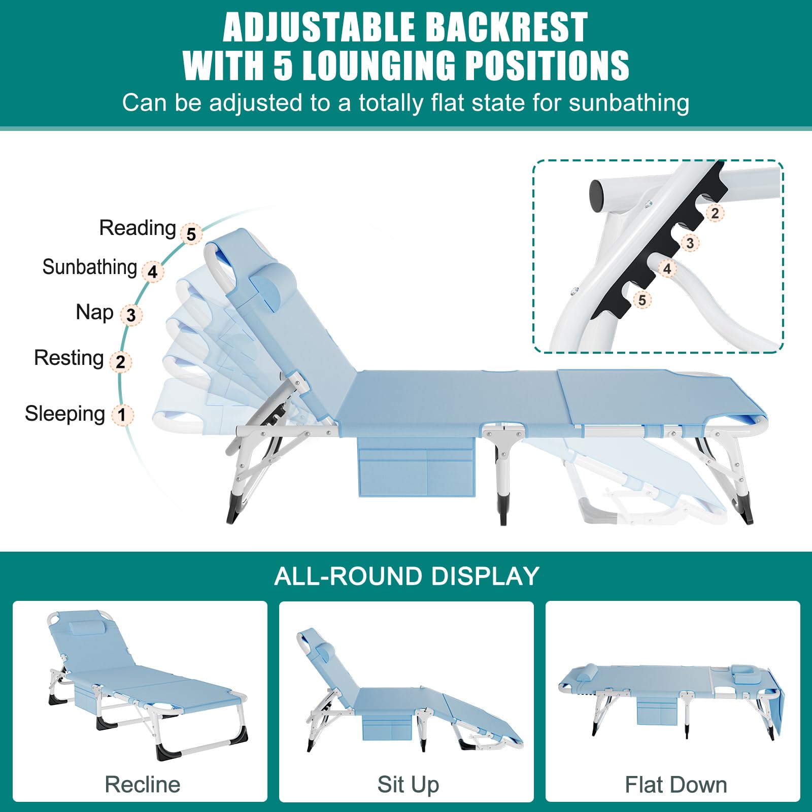 DoCred Heavy Duty Chaise Lounge Chair, Adjustable 5-Position Folding Chaise Lounge Chairs for Outside, Portable Lay Flat Beach Lounge Chair for Outdoor Sunbathing Beach Pool Lawn Camping Gronata