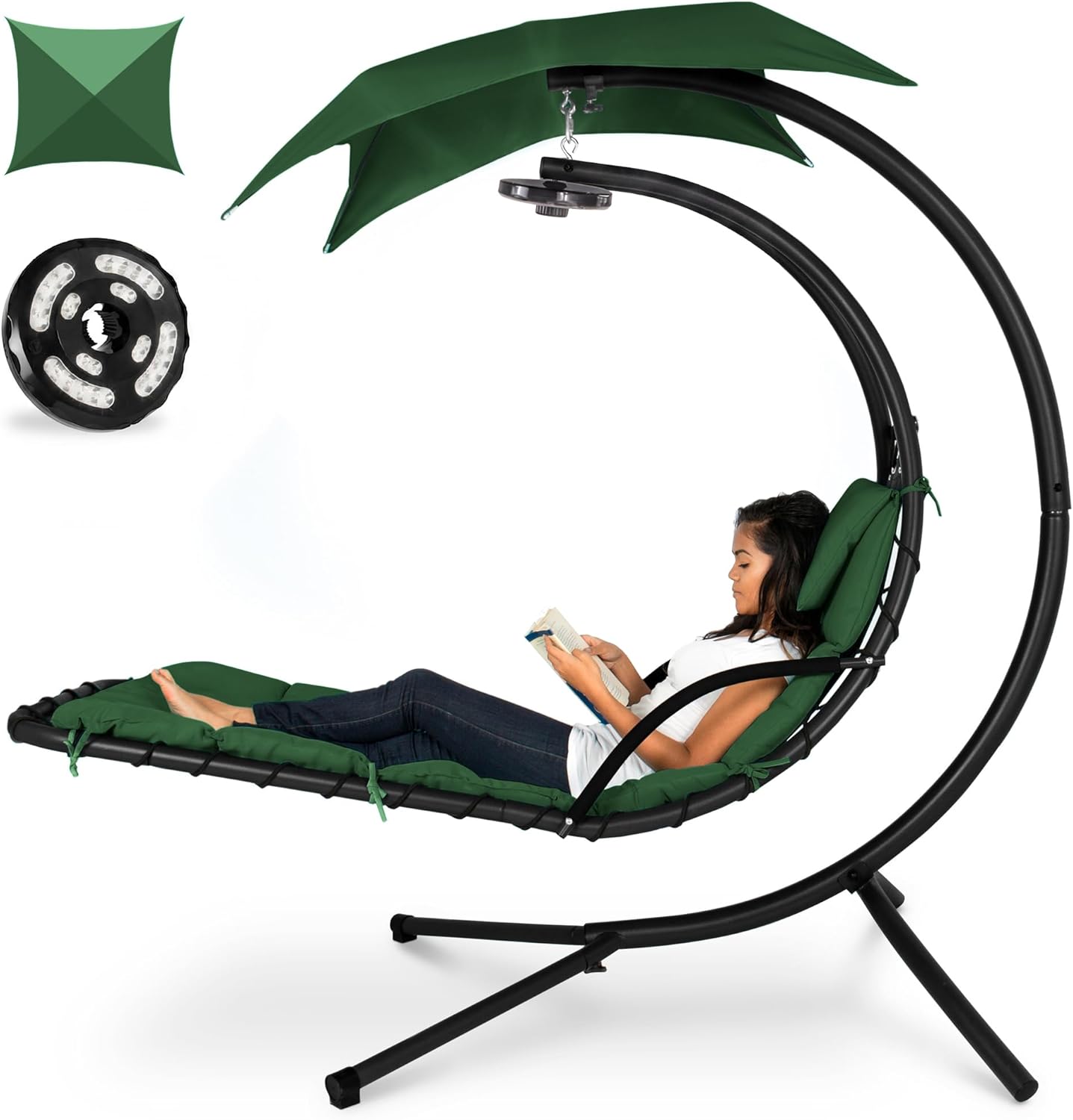 Best Choice Products Outdoor Hanging Curved Steel Chaise Lounge Chair Swing w/Built-in Pillow and Removable Canopy - Navy Blue Gronata