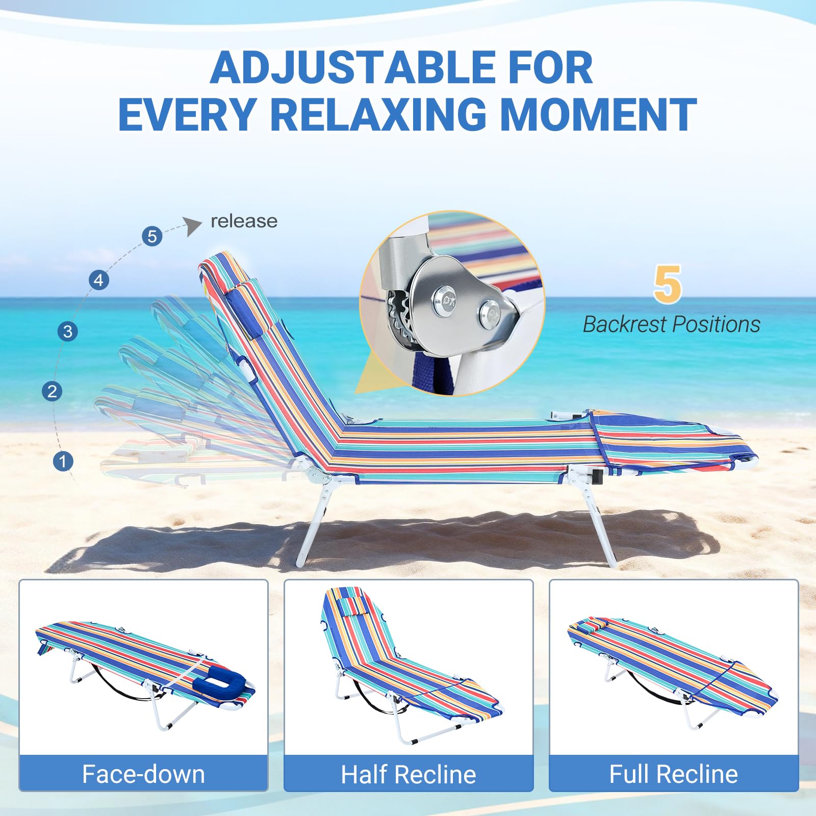 DoCred Heavy Duty Chaise Lounge Chair, Adjustable 5-Position Folding Chaise Lounge Chairs for Outside, Portable Lay Flat Beach Lounge Chair for Outdoor Sunbathing Beach Pool Lawn Camping Gronata
