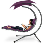 Best Choice Products Outdoor Hanging Curved Steel Chaise Lounge Chair Swing w/Built-in Pillow and Removable Canopy - Navy Blue Gronata
