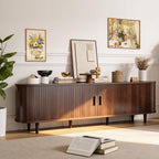 OneBlis 70" Mid Century Modern TV Stand, Wood TV Consoles with Sliding Doors and Power Outlet, Entertainment Center with Adjustable Shelves, Fluted TV Stands for Living Room, Walnut Gronata