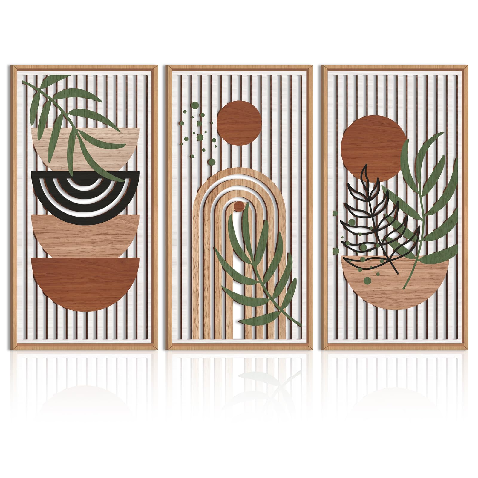 IARTTOP Large Boho Mid-century Modern Wood Wall Art 16x32 Inch Framed Green Abstract Leaf Wooden Wall Decor Bohemian Minimalist Geometric Wall Art Decor for Bedroom Living Room Office Set of 3 Gronata