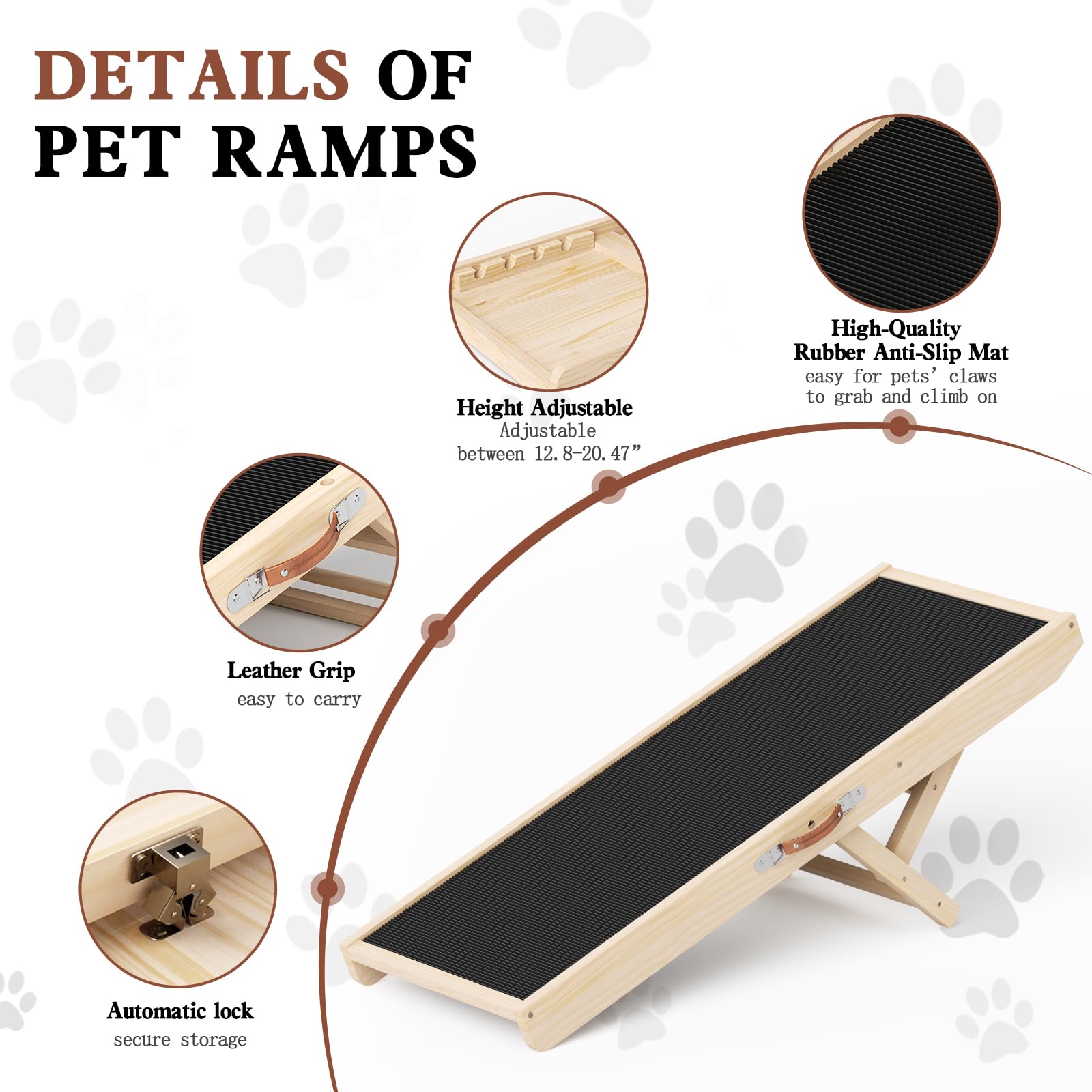 Chuiendi Dog Ramp for High Bed, Couch, Car, Pet Ramps 55.12" Long Adjustable 19.3"-27.17" Wooden Dog Step with Anti-slip Rubber Mat & Safety Side Rails for Small Medium Large Older Pets, up to 250 lbs Gronata