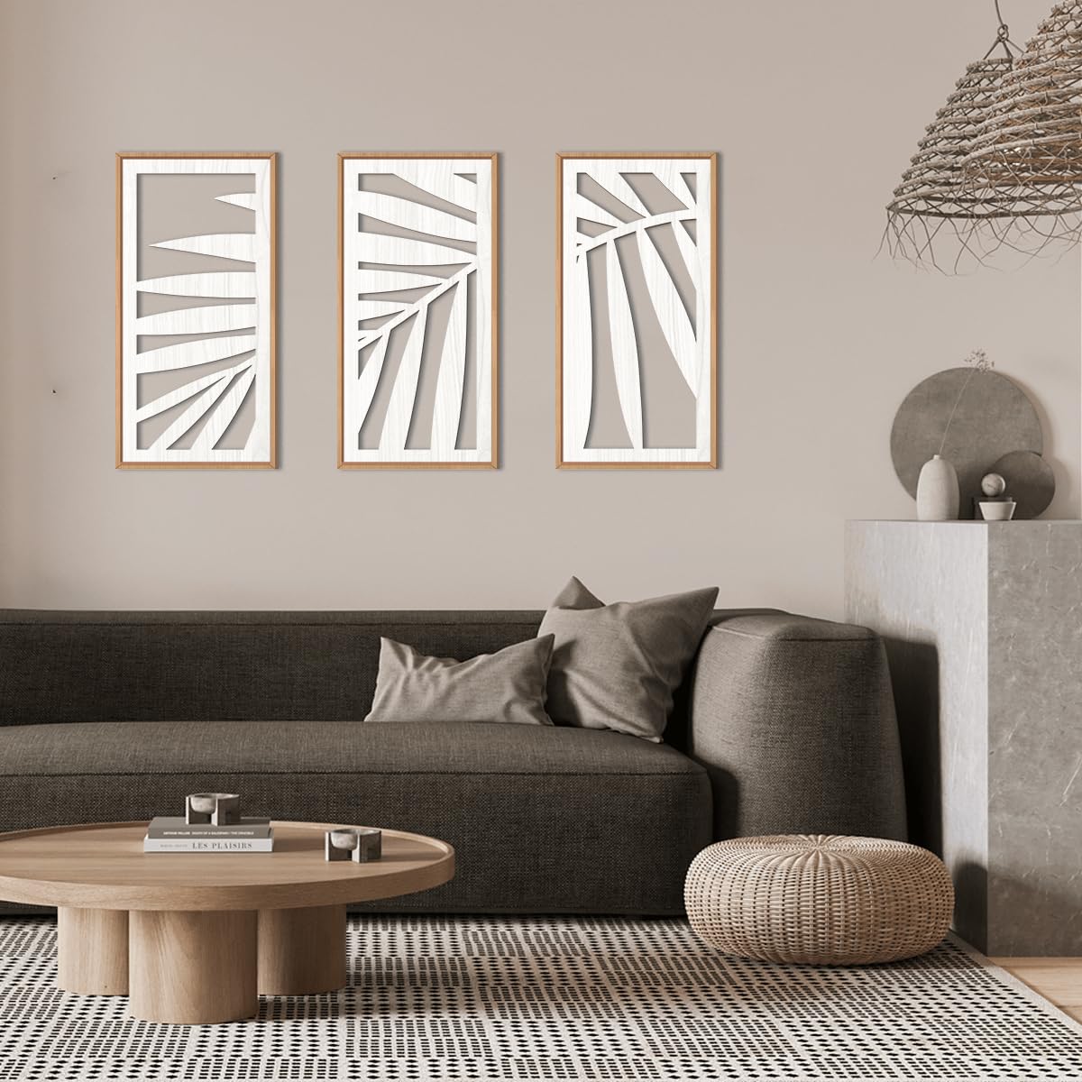IARTTOP Large Boho Mid-century Modern Wood Wall Art 16x32 Inch Framed Green Abstract Leaf Wooden Wall Decor Bohemian Minimalist Geometric Wall Art Decor for Bedroom Living Room Office Set of 3 Gronata