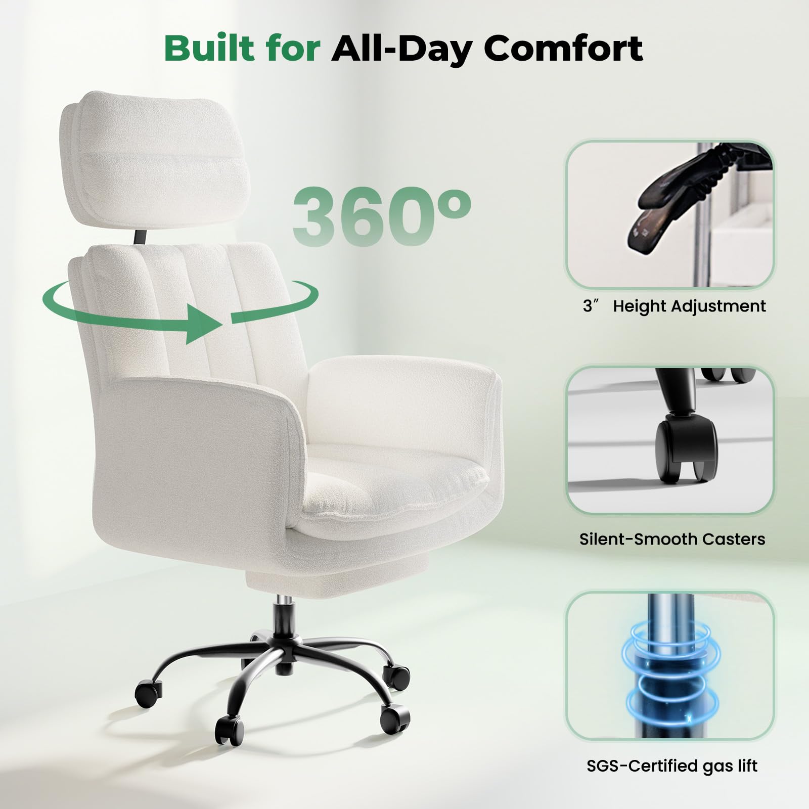 HOMRELEXA Criss Cross Office Chair with Armrests & Wheels, Comfy Velvet Vanity Chair, Ergonomic Executive Gaming Computer Chairs with Foot Rest, Wide Seat Reclining Desk Chair, White Gronata