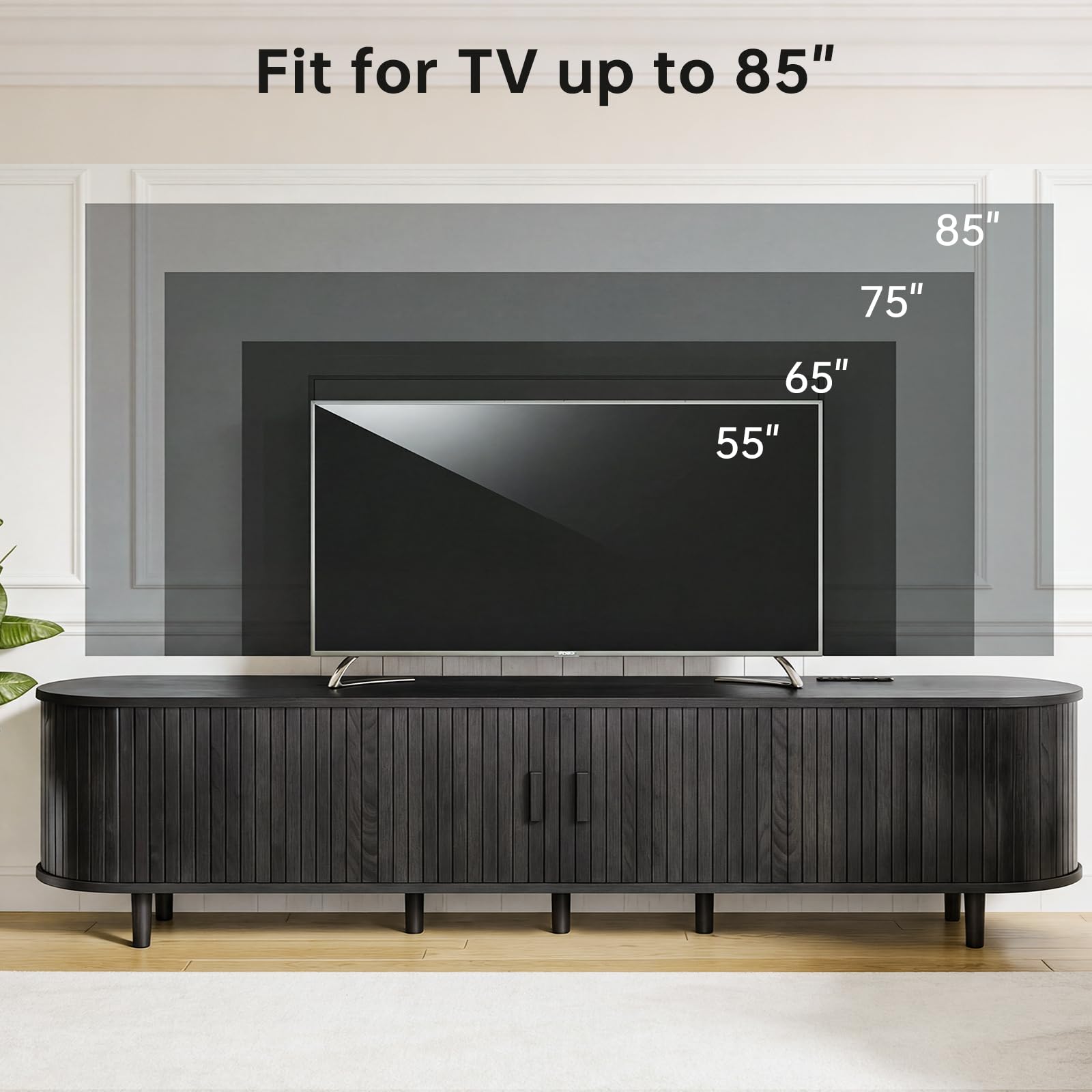 OneBlis 70" Mid Century Modern TV Stand, Wood TV Consoles with Sliding Doors and Power Outlet, Entertainment Center with Adjustable Shelves, Fluted TV Stands for Living Room, Walnut Gronata