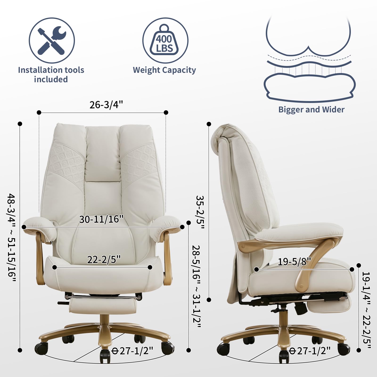 EXCEBET Big and Tall Executive Office Chair with Footrest, 400LBS Capacity Ergonomic High-Back Desk Office Chair with Lumbar Support, Padded Armrests & Thick Cushion, White PU Leather Chairs Gronata