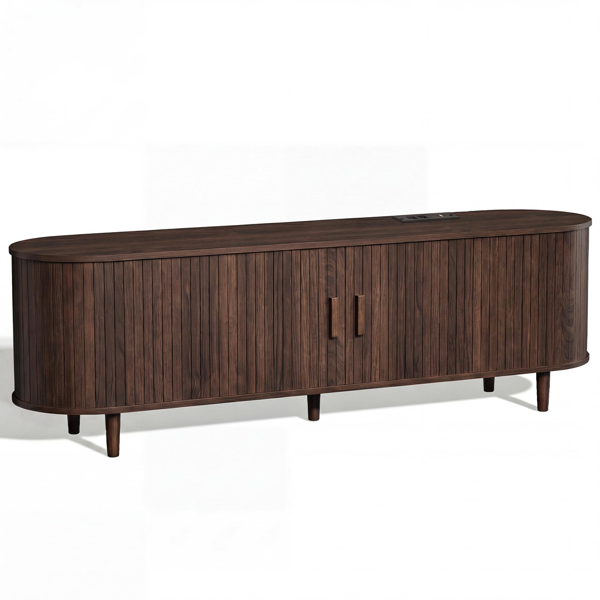 OneBlis 70" Mid Century Modern TV Stand, Wood TV Consoles with Sliding Doors and Power Outlet, Entertainment Center with Adjustable Shelves, Fluted TV Stands for Living Room, Walnut Gronata
