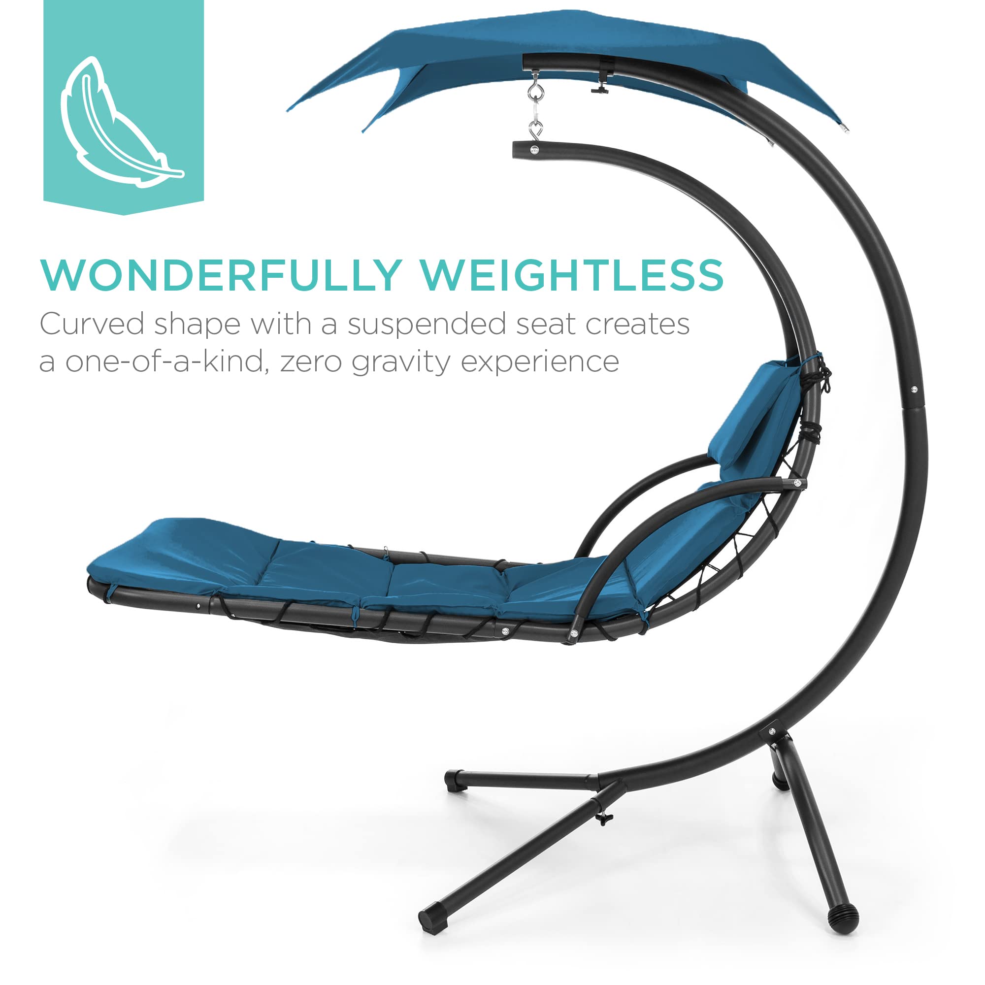 Best Choice Products Outdoor Hanging Curved Steel Chaise Lounge Chair Swing w/Built-in Pillow and Removable Canopy - Navy Blue Gronata