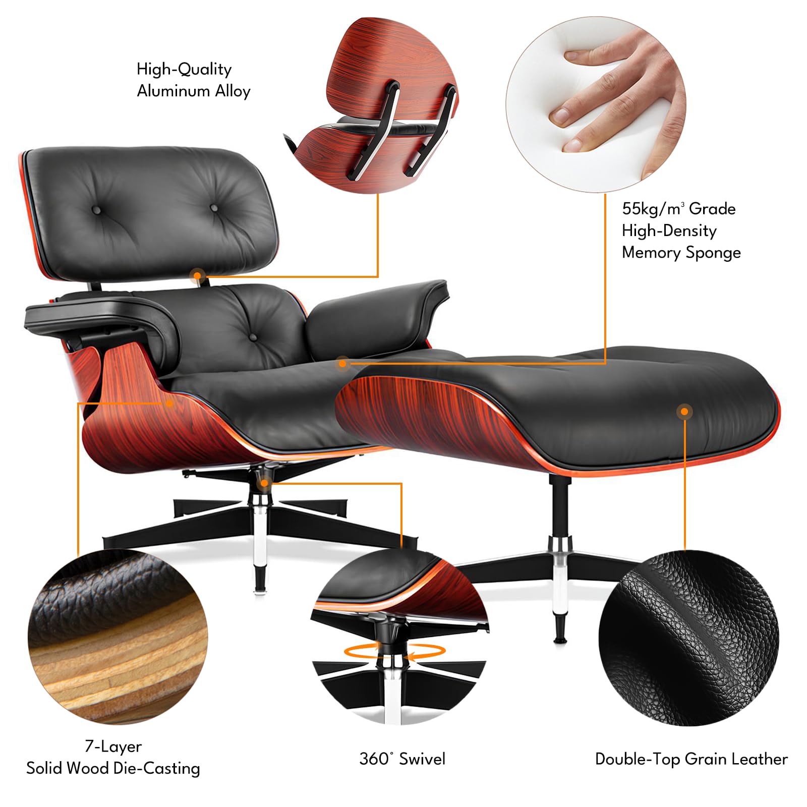 Asukale Top Grain Leather, Mid Century Chaise Lounge Chair and Ottoman, Modern Chair Classic Design, Heavy Duty Base Support for Living Room Study Lounge Office, Palisander-White Gronata