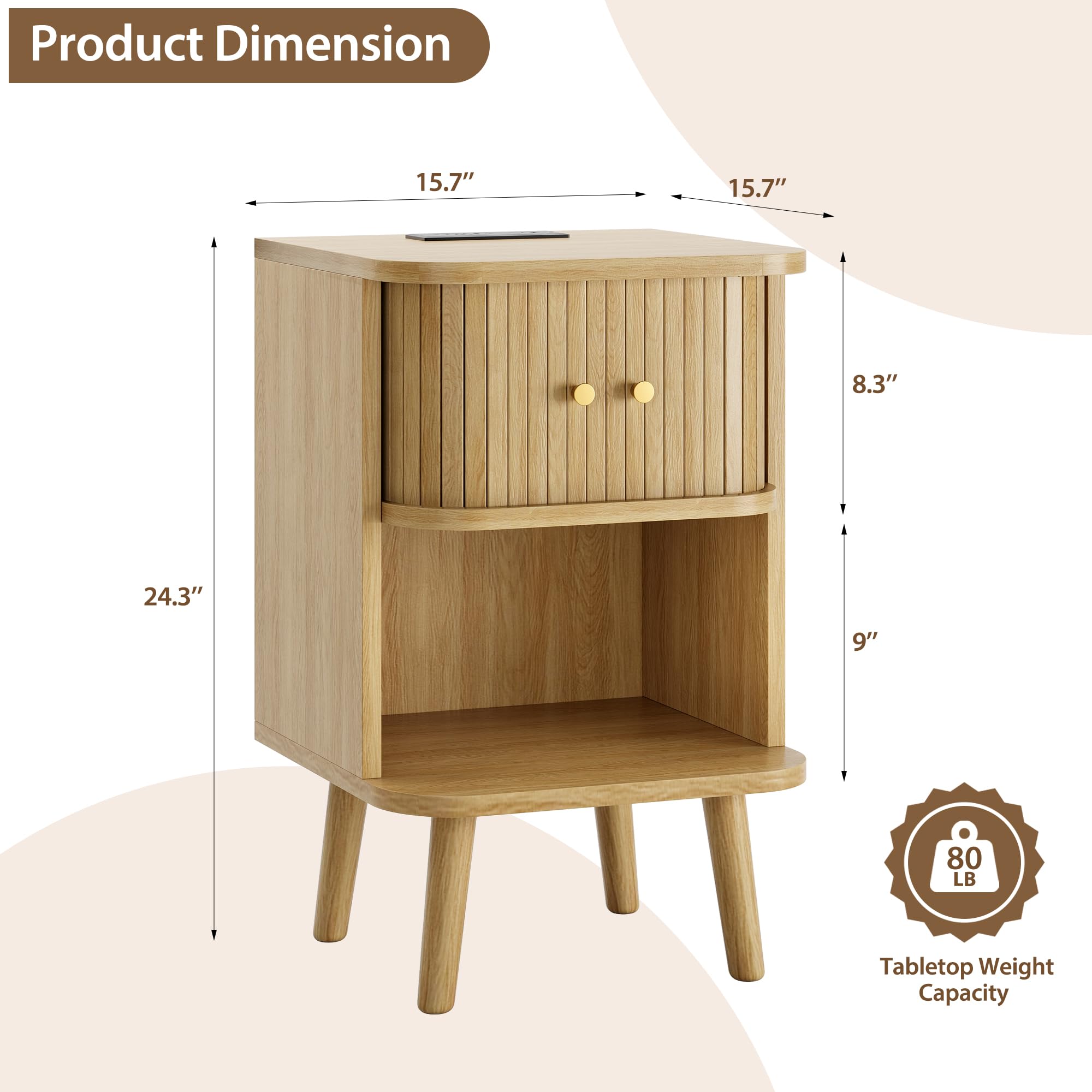 Decofy Fluted Nightstand Set of 2, Mid Century Modern Bedside Table with Charging Station, Walnut End Tables with Sliding Tambour Doors, Storage Cabinet and Open Shelf for Bedroom, Walnut Gronata