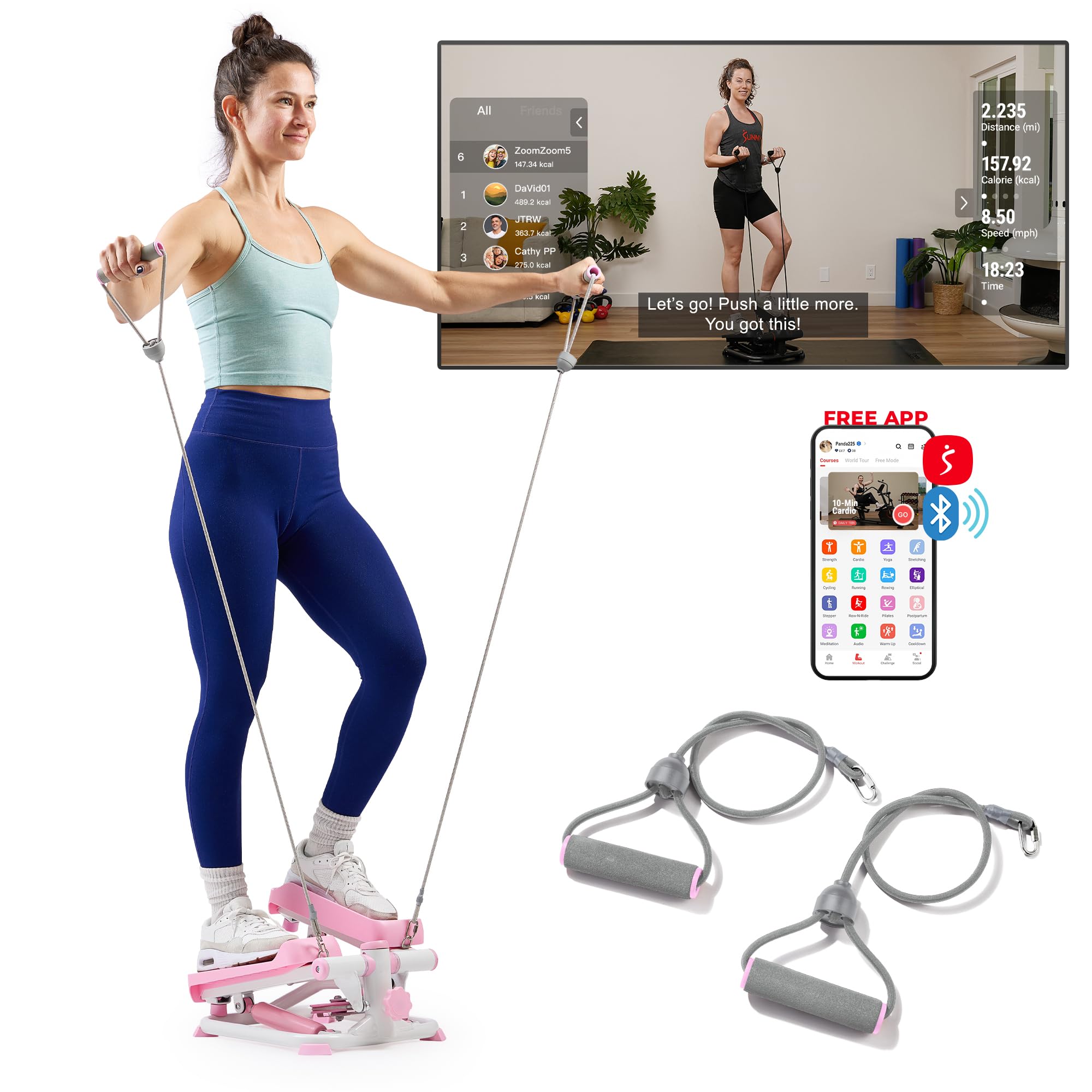 Sunny Health & Fitness Mini Steppers for Exercise at Home, Stair Step Workout Machine with Resistance Bands, Full Body Cardio Equipment with Digital Monitor - No. 012 -S Gronata