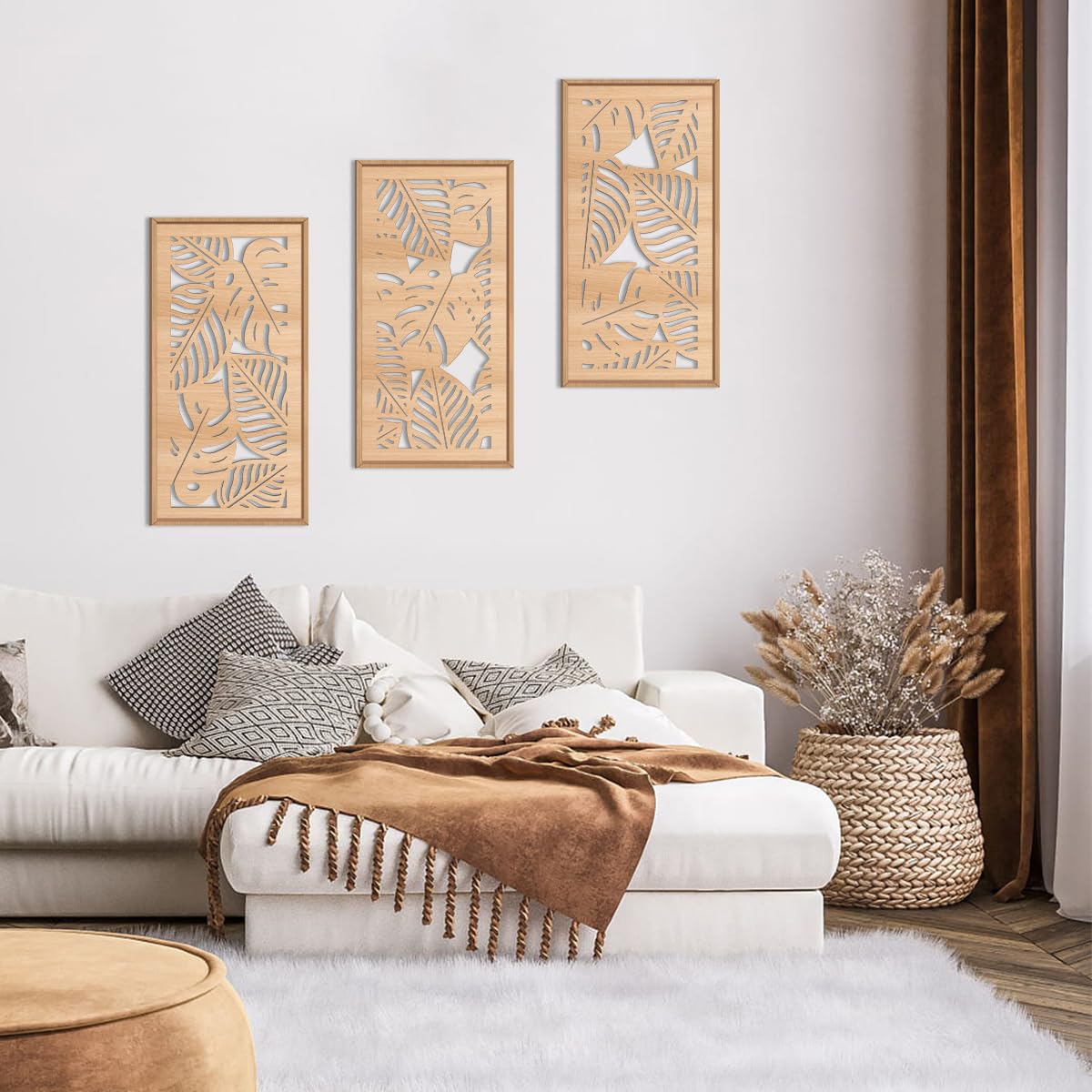 IARTTOP Large Boho Mid-century Modern Wood Wall Art 16x32 Inch Framed Green Abstract Leaf Wooden Wall Decor Bohemian Minimalist Geometric Wall Art Decor for Bedroom Living Room Office Set of 3 Gronata