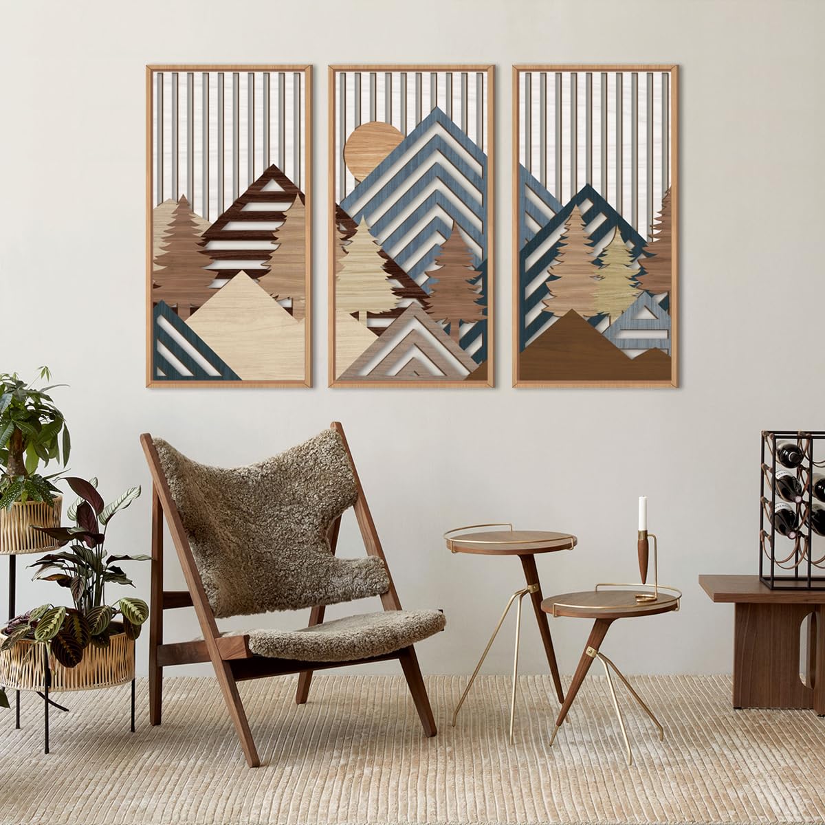 IARTTOP Large Boho Mid-century Modern Wood Wall Art 16x32 Inch Framed Green Abstract Leaf Wooden Wall Decor Bohemian Minimalist Geometric Wall Art Decor for Bedroom Living Room Office Set of 3 Gronata