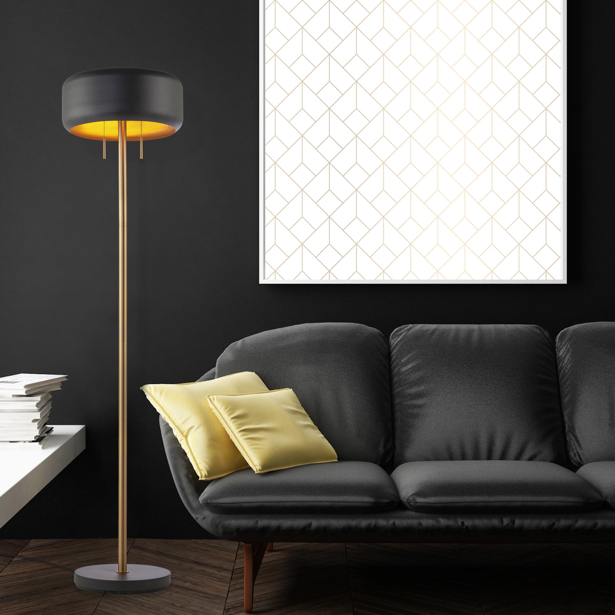 Globe Electric Novogratz x Globe Harrington 65" Floor Lamp, 2-Tone Faux Wood Base, White Fabric Shade, Socket Rotary Switch 67225 Gronata
