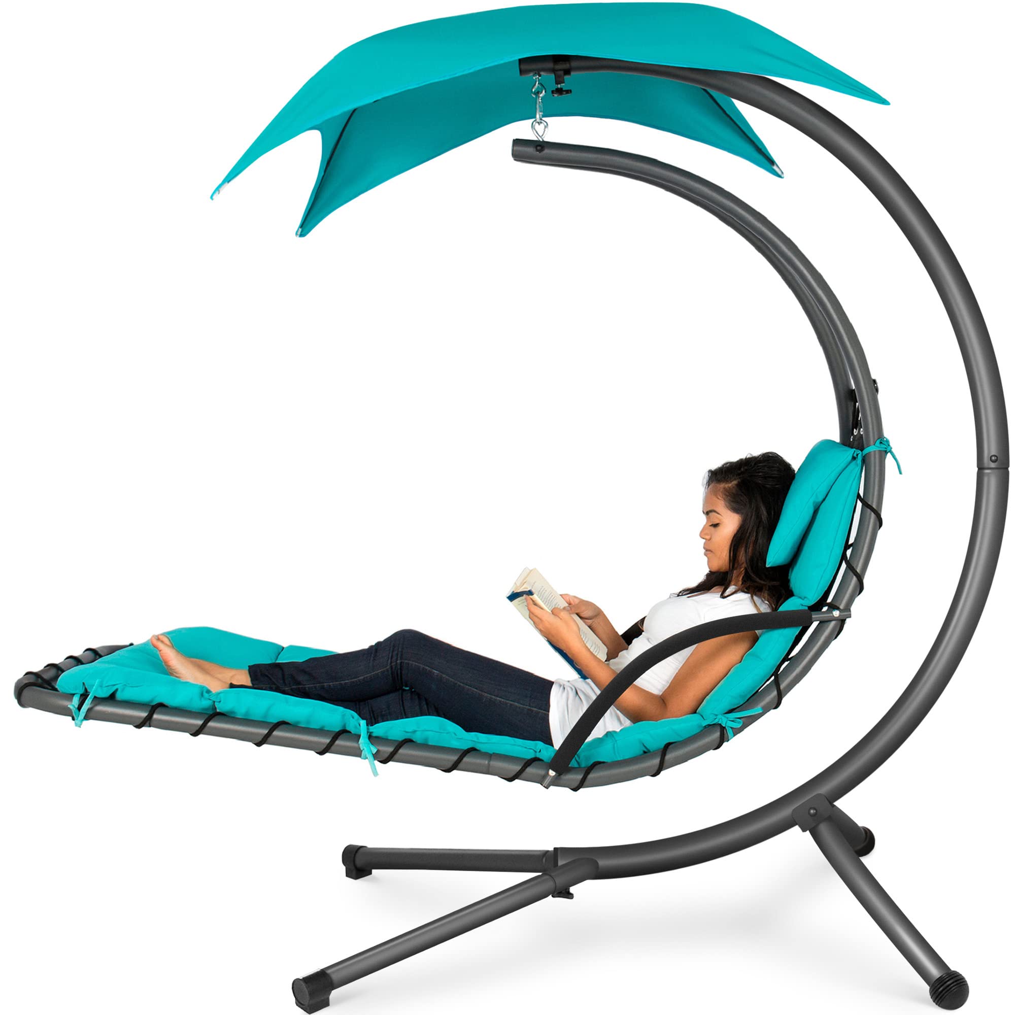 Best Choice Products Outdoor Hanging Curved Steel Chaise Lounge Chair Swing w/Built-in Pillow and Removable Canopy - Navy Blue Gronata