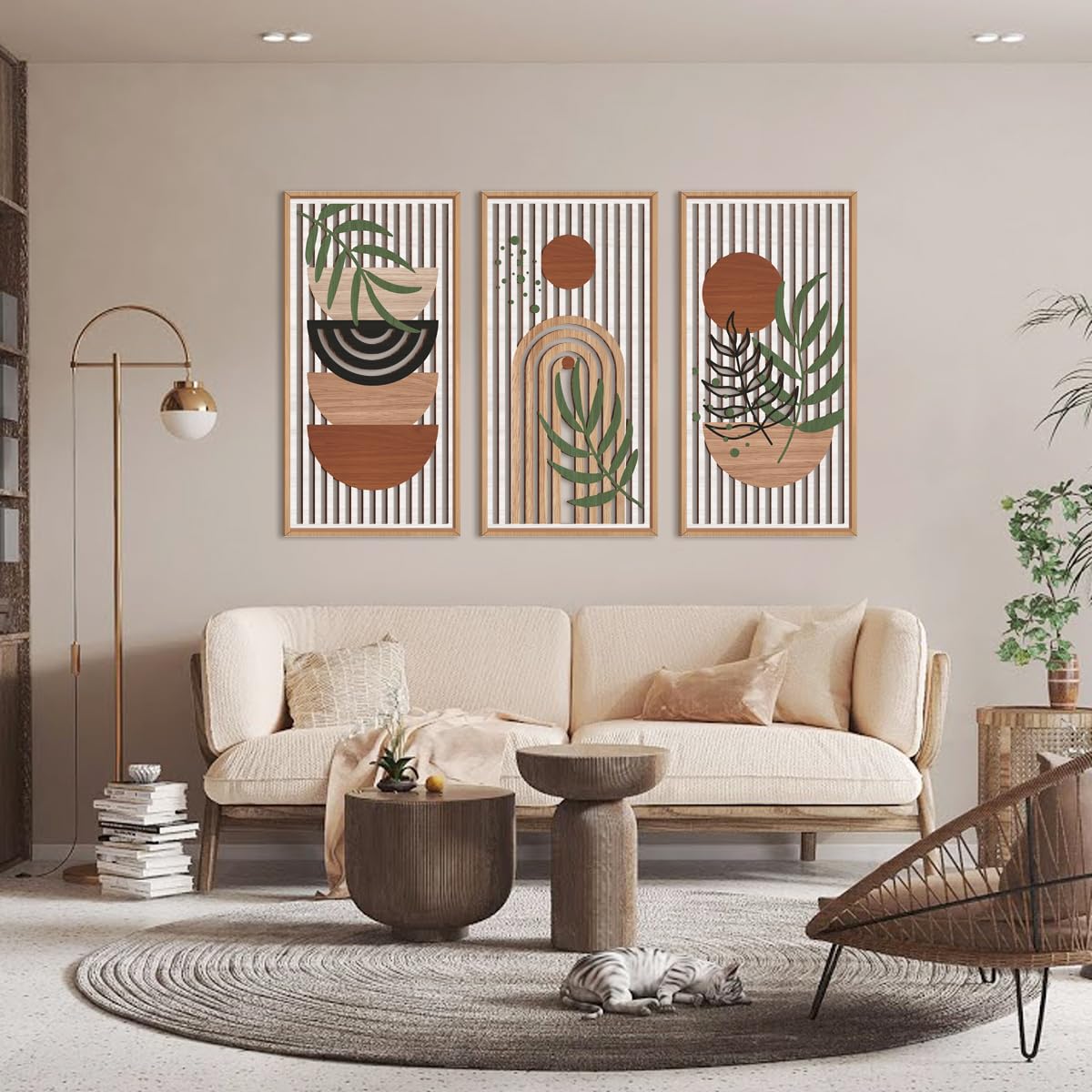 IARTTOP Large Boho Mid-century Modern Wood Wall Art 16x32 Inch Framed Green Abstract Leaf Wooden Wall Decor Bohemian Minimalist Geometric Wall Art Decor for Bedroom Living Room Office Set of 3 Gronata