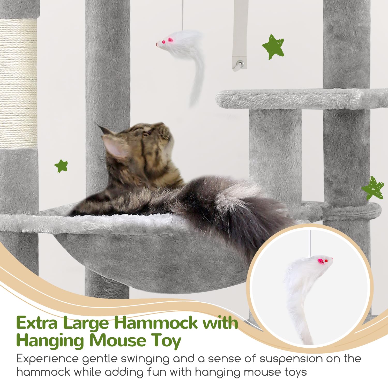 Globlazer Heavy Duty Cat Tree, 70 inch Sturdy Cat Tree for Indoor Cats Extra Large Cat Tower with Scratching Post, Hammock, Cat Condo for Adult Cats Kittens, F70 Pro, Light Grey Gronata