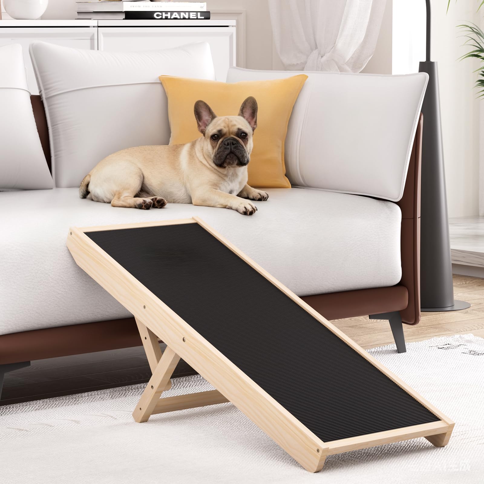 Chuiendi Dog Ramp for High Bed, Couch, Car, Pet Ramps 55.12" Long Adjustable 19.3"-27.17" Wooden Dog Step with Anti-slip Rubber Mat & Safety Side Rails for Small Medium Large Older Pets, up to 250 lbs Gronata