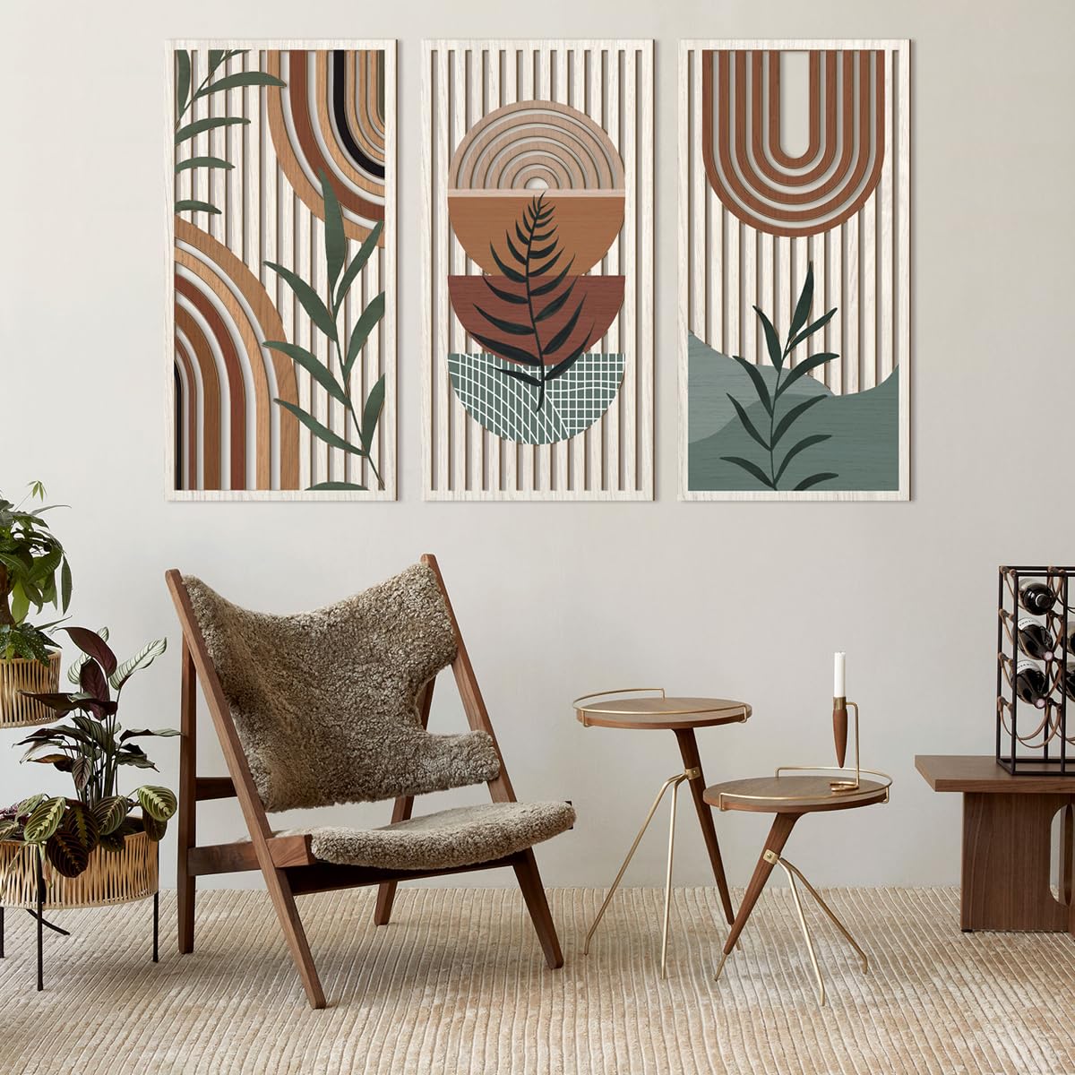 IARTTOP Large Boho Mid-century Modern Wood Wall Art 16x32 Inch Framed Green Abstract Leaf Wooden Wall Decor Bohemian Minimalist Geometric Wall Art Decor for Bedroom Living Room Office Set of 3 Gronata