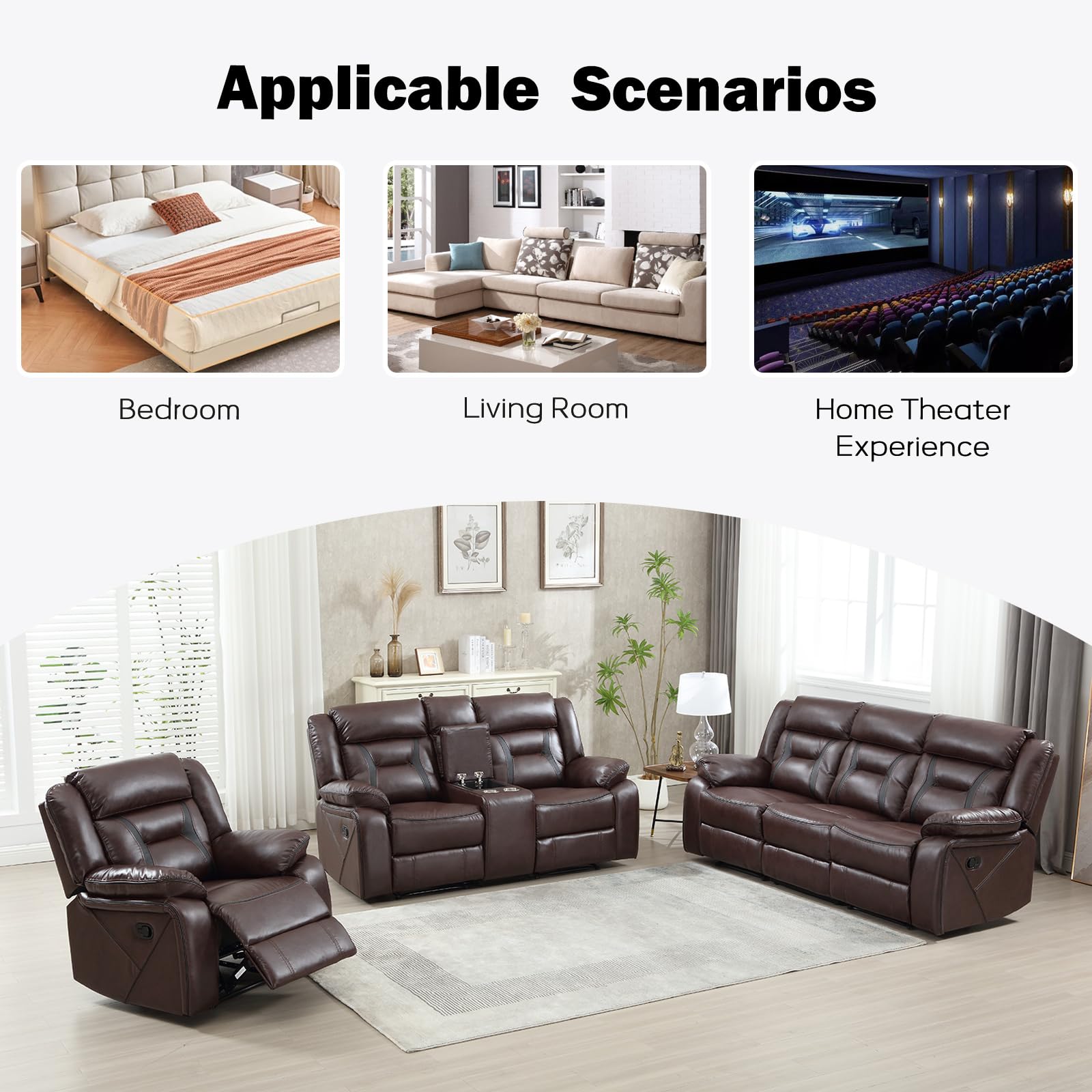 EBELLO Faux Leather Recliner Sofa Furniture Set for Living Room, 2 Recliner Chairs, 3 Seat Reclining Sofa Couch Set for Meeting Room, Brown Gronata