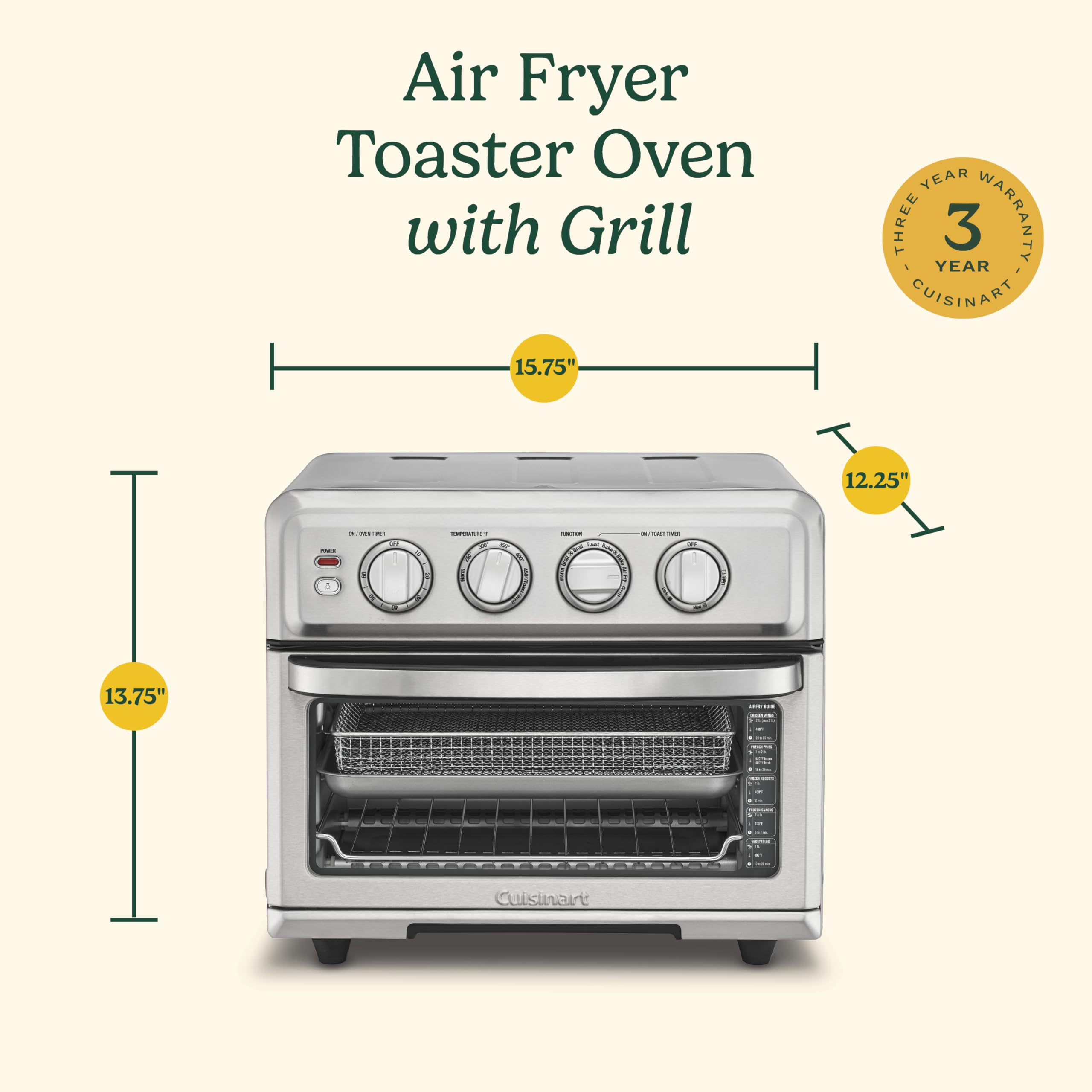 Cuisinart Air Fryer Toaster Oven, 1800W, 8-in-1 with Air Fry, Convection, Broil & Warm, 0.6 Cubic Feet, 60-Minute Timer, TOA-70NAS, Stainless Steel Gronata
