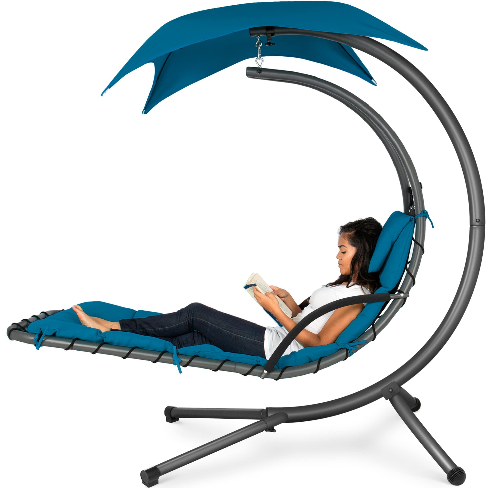 Best Choice Products Outdoor Hanging Curved Steel Chaise Lounge Chair Swing w/Built-in Pillow and Removable Canopy - Navy Blue Gronata