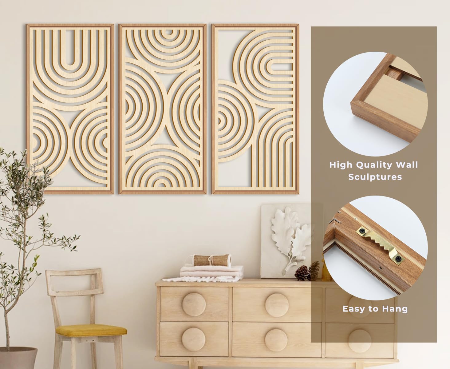 IARTTOP Large Boho Mid-century Modern Wood Wall Art 16x32 Inch Framed Green Abstract Leaf Wooden Wall Decor Bohemian Minimalist Geometric Wall Art Decor for Bedroom Living Room Office Set of 3 Gronata