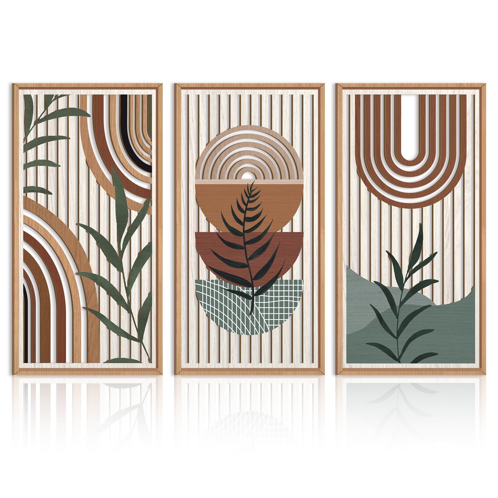 IARTTOP Large Boho Mid-century Modern Wood Wall Art 16x32 Inch Framed Green Abstract Leaf Wooden Wall Decor Bohemian Minimalist Geometric Wall Art Decor for Bedroom Living Room Office Set of 3 Gronata