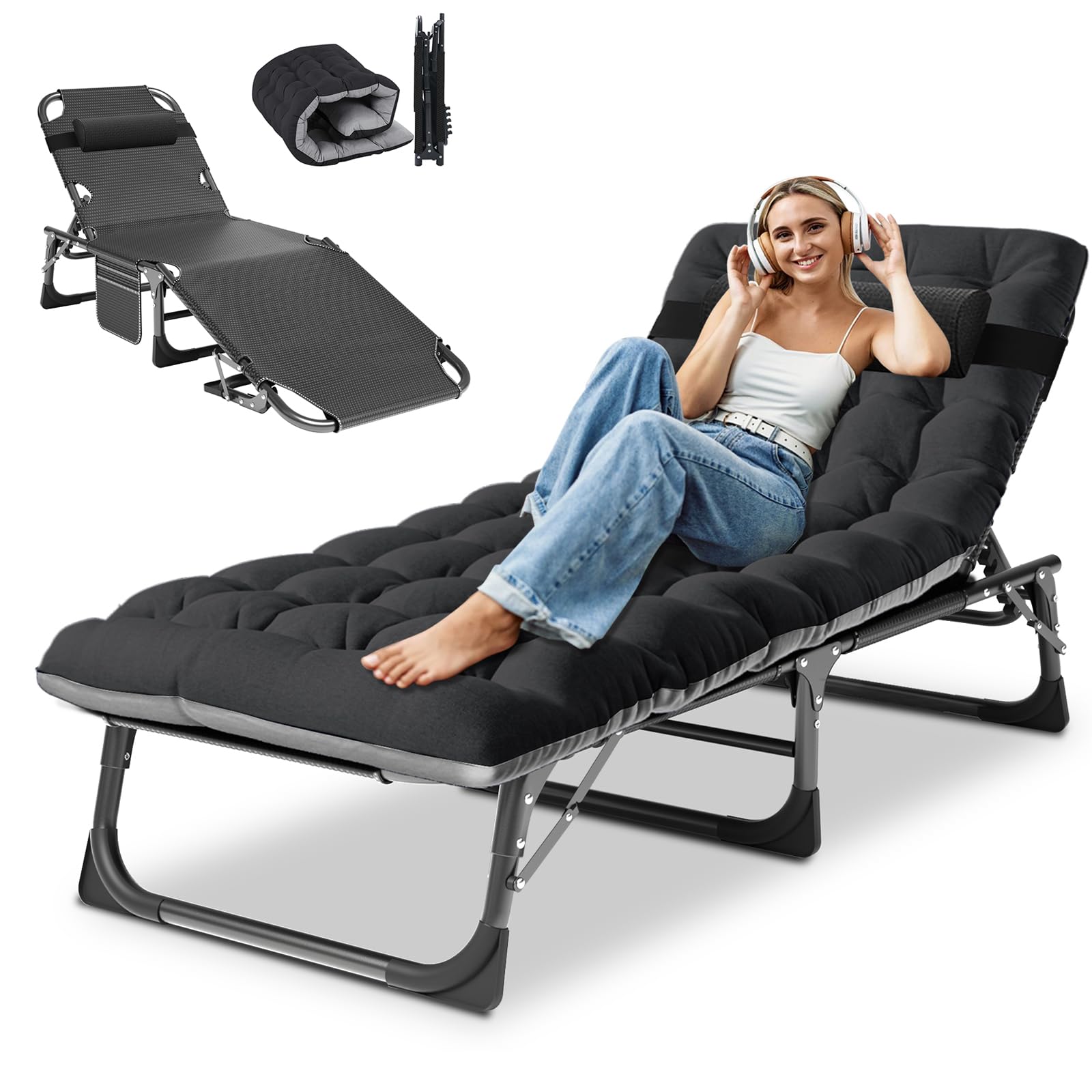 DoCred Heavy Duty Chaise Lounge Chair, Adjustable 5-Position Folding Chaise Lounge Chairs for Outside, Portable Lay Flat Beach Lounge Chair for Outdoor Sunbathing Beach Pool Lawn Camping Gronata