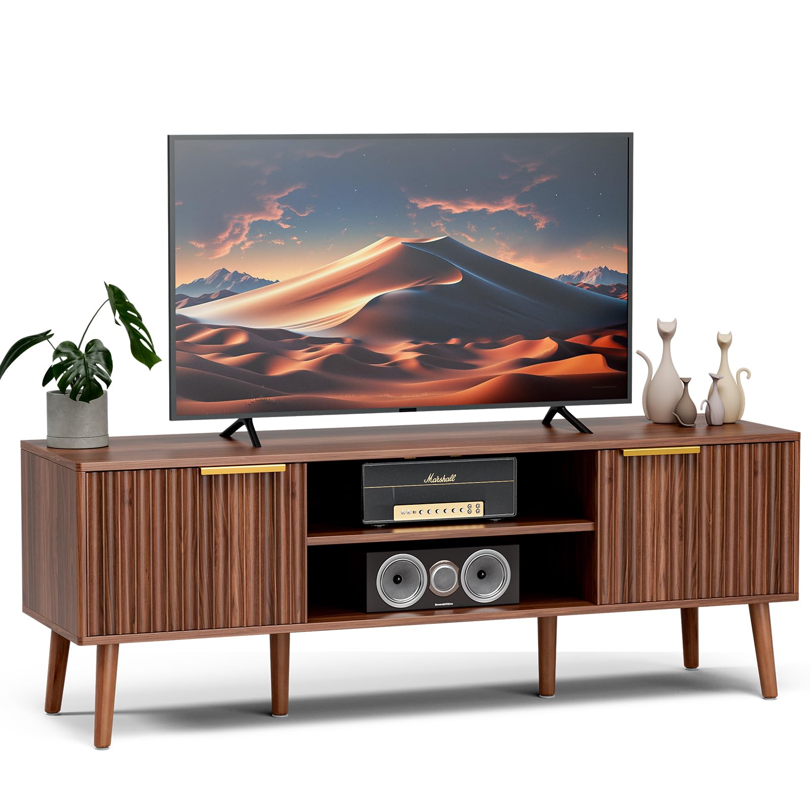 LCRBOL TV Stand for Living Room, Mid Century Modern Entertainment Center for 55/60 inch TVs, TV Console with Fluted Door Cabinets and Open Shelves, for Bedroom, Walnut Gronata