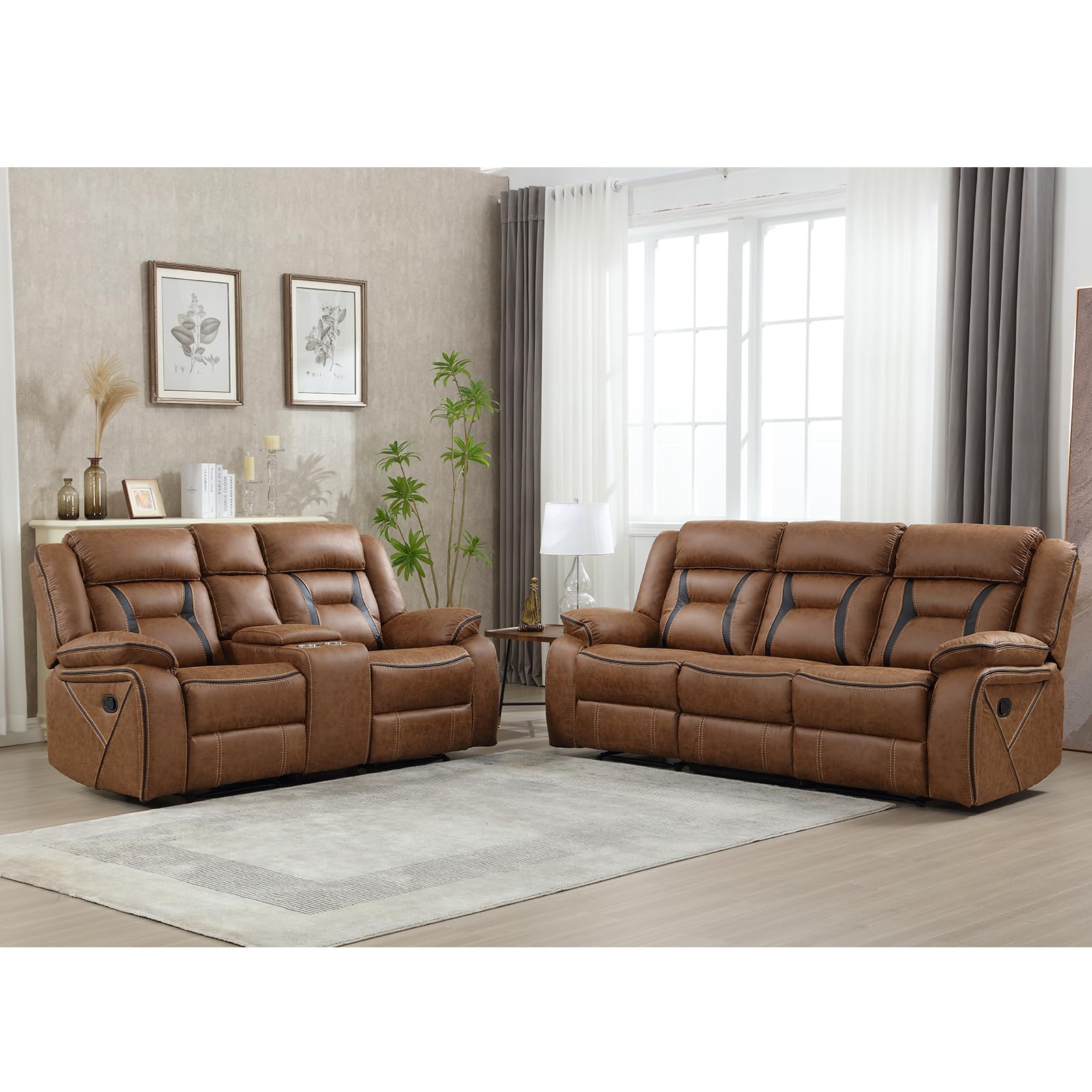 EBELLO Faux Leather Recliner Sofa Furniture Set for Living Room, 2 Recliner Chairs, 3 Seat Reclining Sofa Couch Set for Meeting Room, Brown Gronata