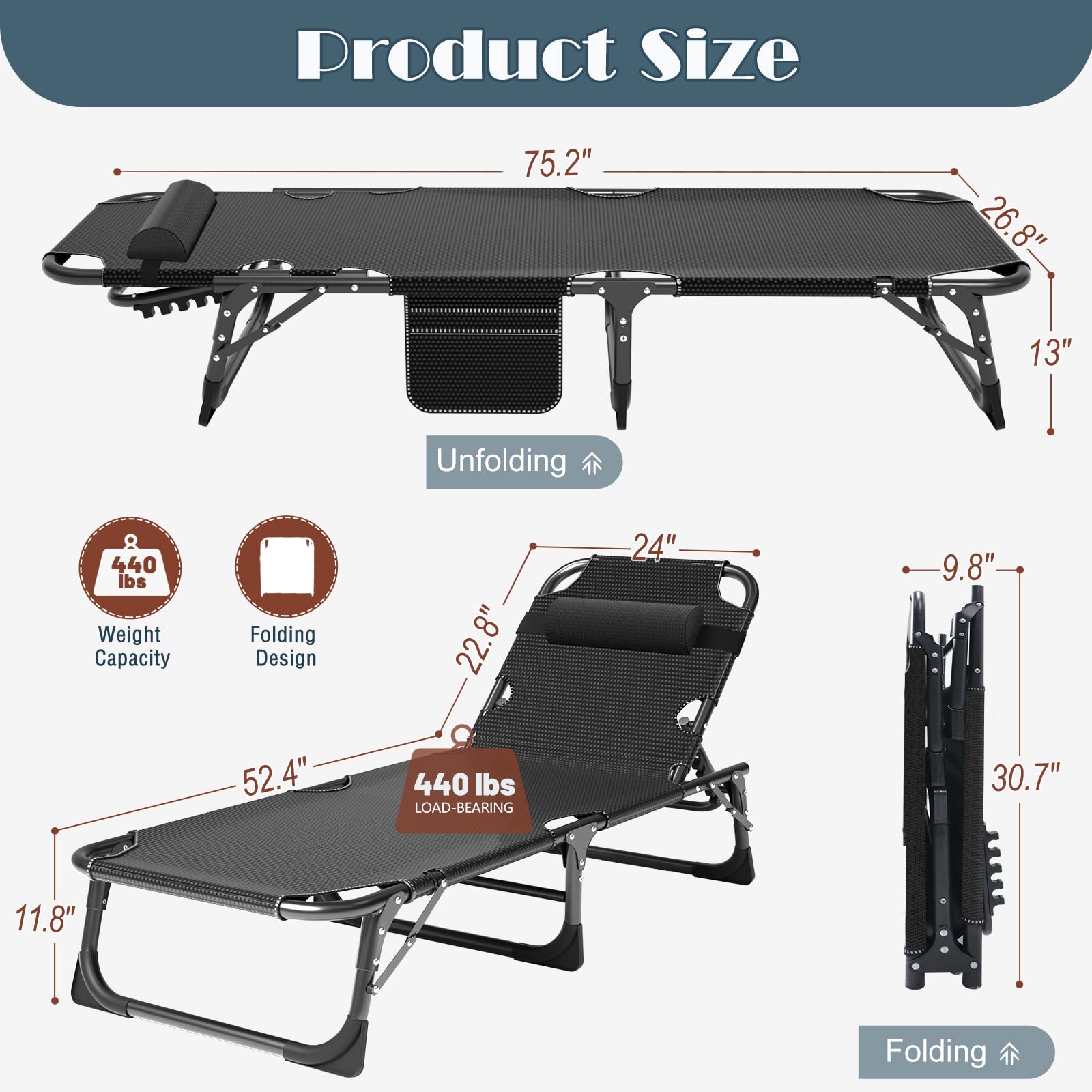 DoCred Heavy Duty Chaise Lounge Chair, Adjustable 5-Position Folding Chaise Lounge Chairs for Outside, Portable Lay Flat Beach Lounge Chair for Outdoor Sunbathing Beach Pool Lawn Camping Gronata