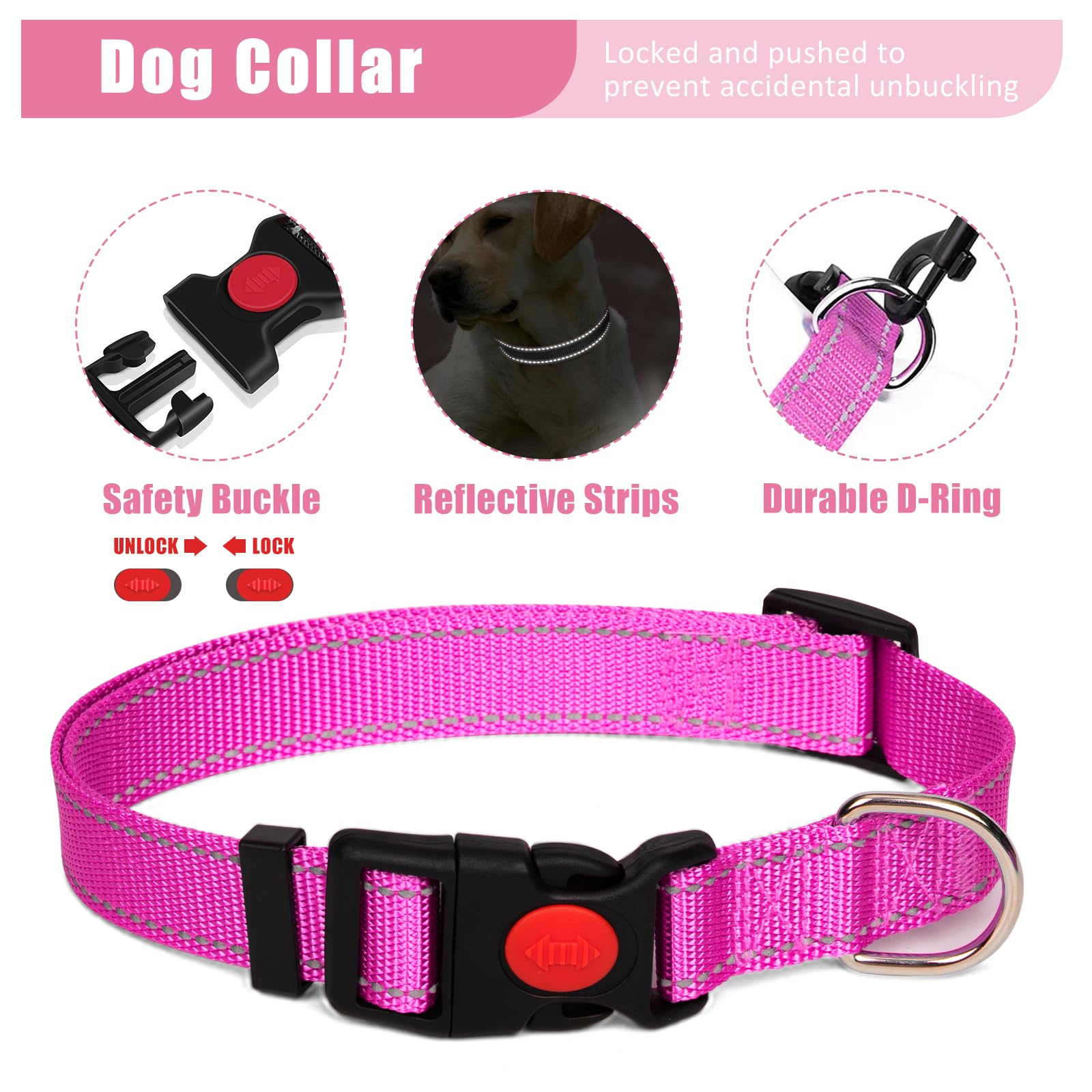 YXFDOYT No Pull Dog Harness Adjustable Collar & Leash Set - Dog Halter Harnesses Collapsible Bowls & Poop Bag Dispenser Muzzle ID Tags Toys Fits Small Medium Large Dogs (Pink-L) Gronata