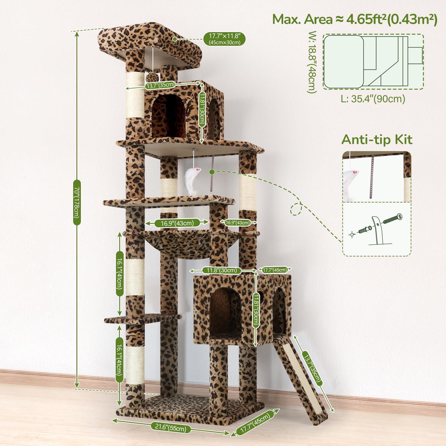 Globlazer Heavy Duty Cat Tree, 70 inch Sturdy Cat Tree for Indoor Cats Extra Large Cat Tower with Scratching Post, Hammock, Cat Condo for Adult Cats Kittens, F70 Pro, Light Grey Gronata