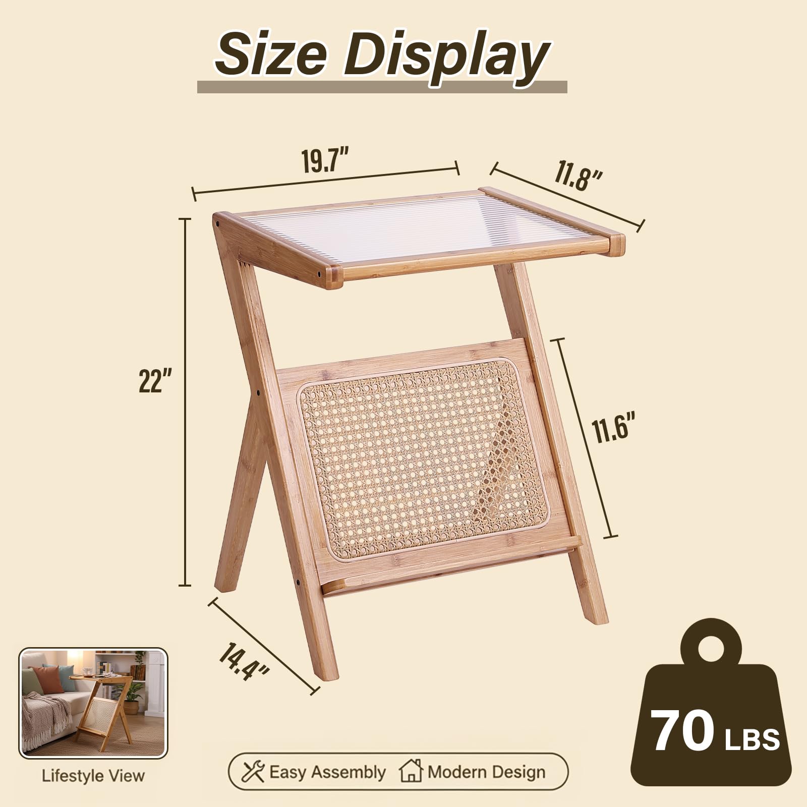 Tiita Rattan Coffee Table, Bamboo Accent Bedside Tables, Glass Nightstand Side Table, Boho Wooden End Table with Storage for Living Room,Living Room, Dining Room, Tea, Home Décor Gronata