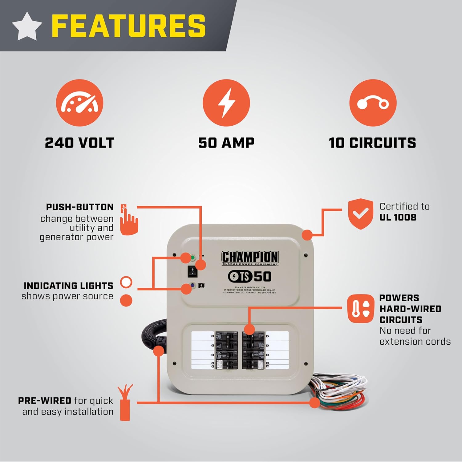 Champion Power Equipment 50-Amp Indoor-Rated Manual Transfer Switch with 30-Foot Generator Power Cord and Weather-Resistant Power Inlet Box Gronata