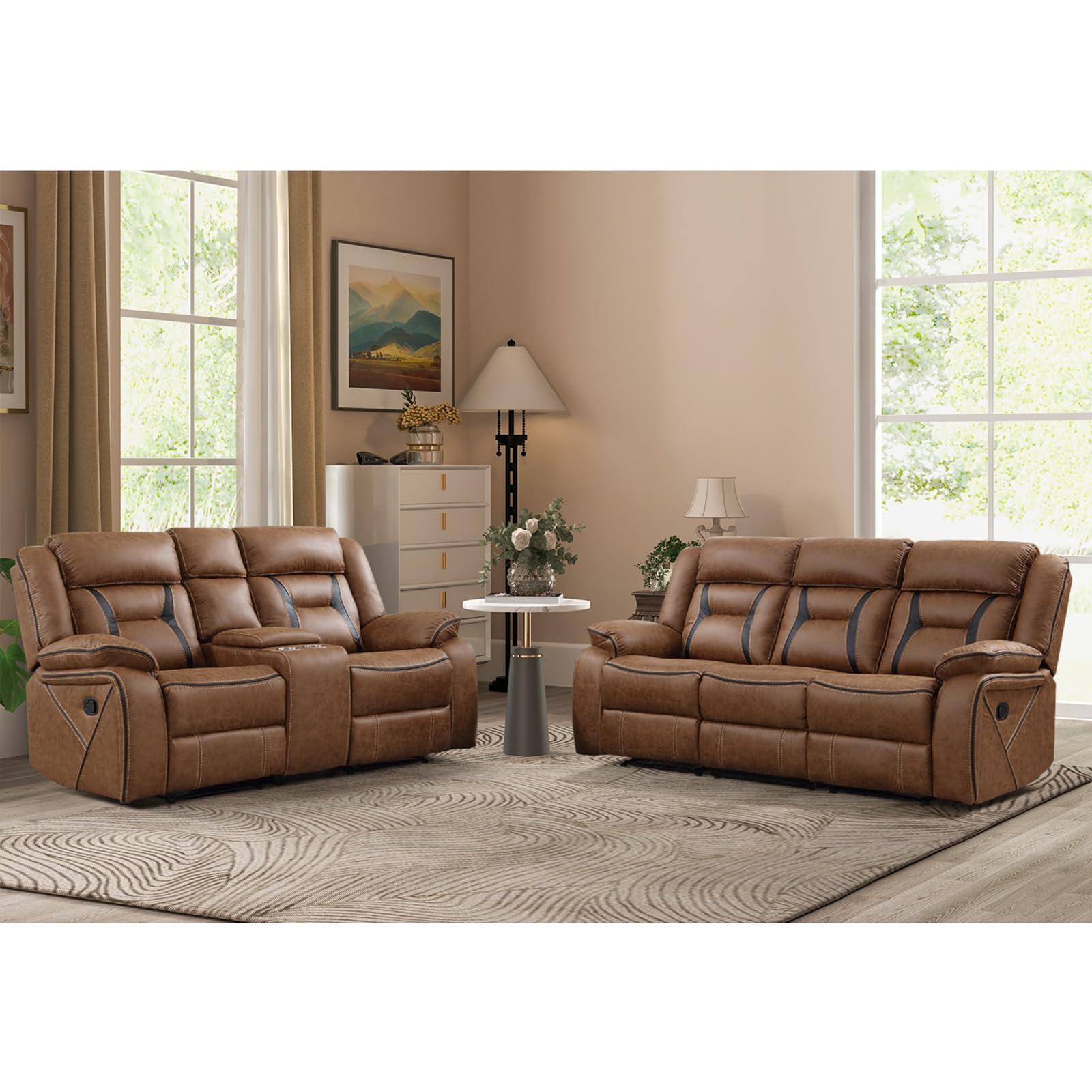 EBELLO Faux Leather Recliner Sofa Furniture Set for Living Room, 2 Recliner Chairs, 3 Seat Reclining Sofa Couch Set for Meeting Room, Brown Gronata