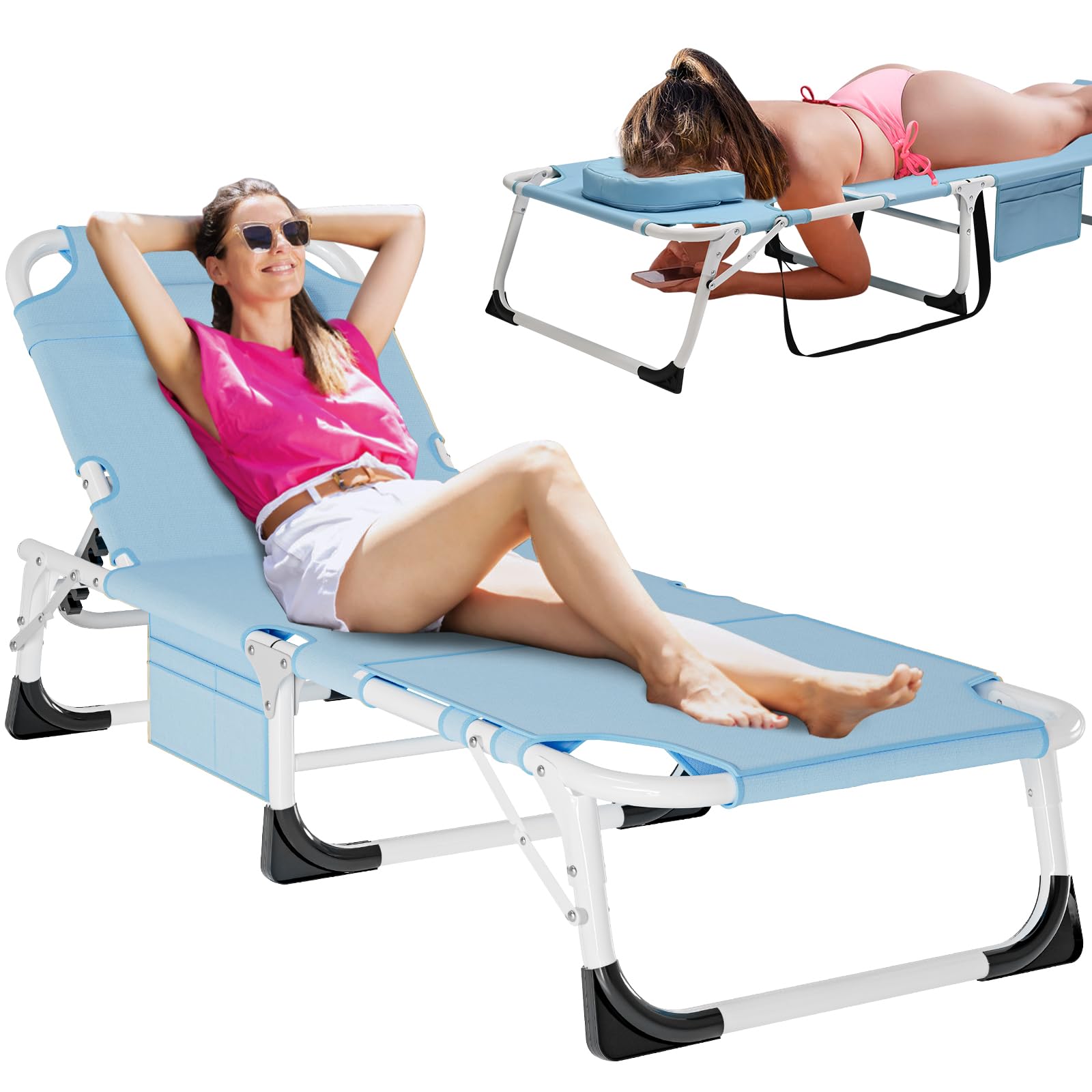 DoCred Heavy Duty Chaise Lounge Chair, Adjustable 5-Position Folding Chaise Lounge Chairs for Outside, Portable Lay Flat Beach Lounge Chair for Outdoor Sunbathing Beach Pool Lawn Camping Gronata