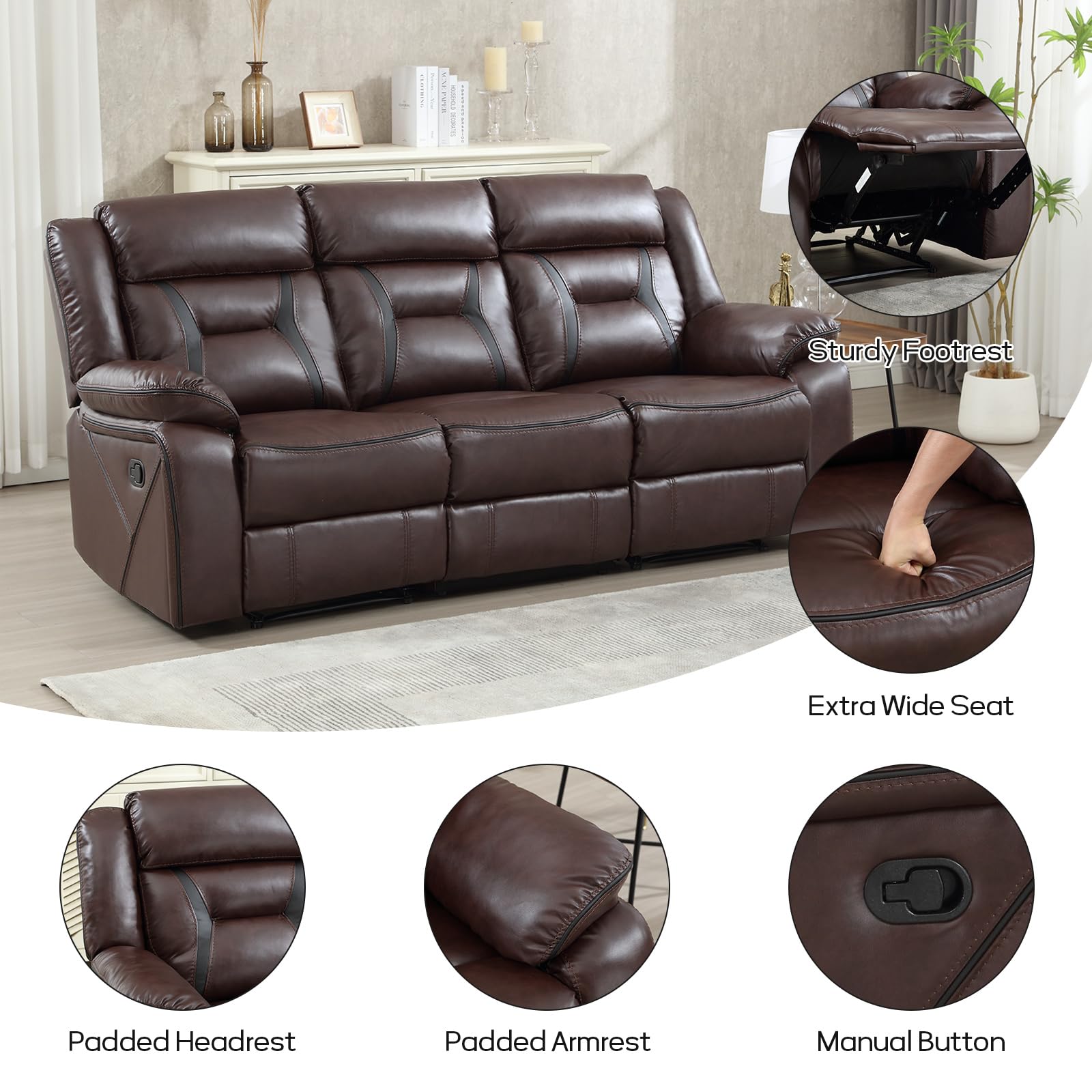EBELLO Faux Leather Recliner Sofa Furniture Set for Living Room, 2 Recliner Chairs, 3 Seat Reclining Sofa Couch Set for Meeting Room, Brown Gronata