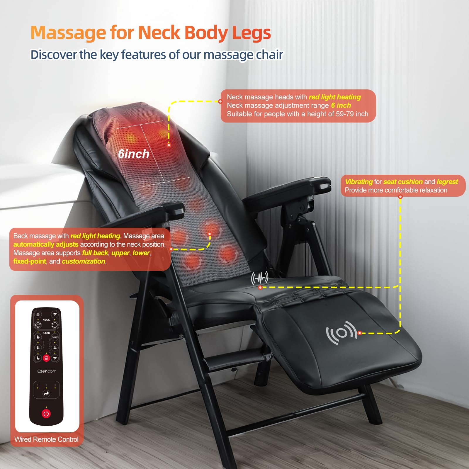 Ezencon Foldable Electric Massage Chair with Heat, Shiatsu, Kneading, Vibration, Full Body Relaxation, Adjustable Backrest & Neck Height,for Dad Mom Women Men Gronata