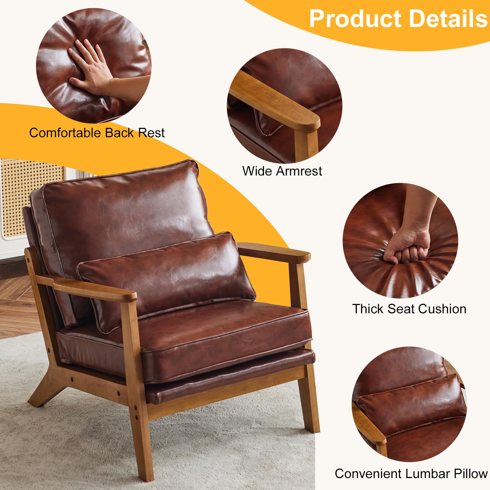 Karl home Accent Chair Wide Armrest Mid-Century Lounge Chair Linen Fabric Armchair with Lumbar Pillow & Solid Wood Frame for Living Room, Bedroom, Balcony, Green Gronata