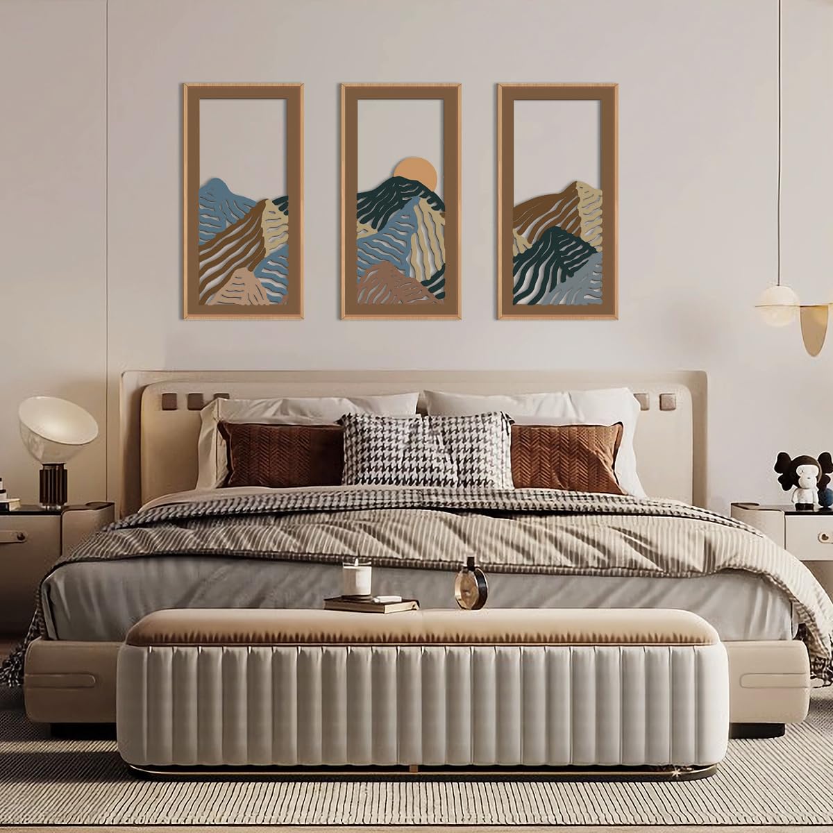 IARTTOP Large Boho Mid-century Modern Wood Wall Art 16x32 Inch Framed Green Abstract Leaf Wooden Wall Decor Bohemian Minimalist Geometric Wall Art Decor for Bedroom Living Room Office Set of 3 Gronata