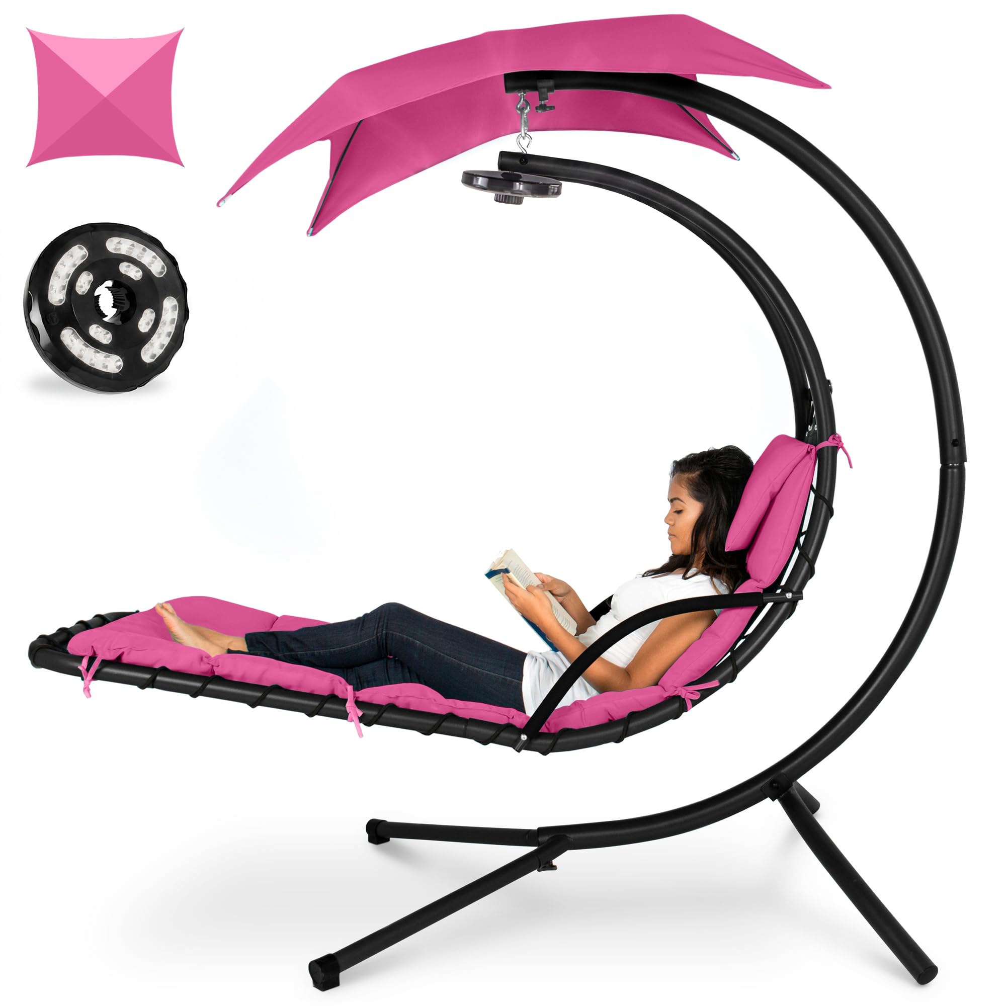 Best Choice Products Outdoor Hanging Curved Steel Chaise Lounge Chair Swing w/Built-in Pillow and Removable Canopy - Navy Blue Gronata