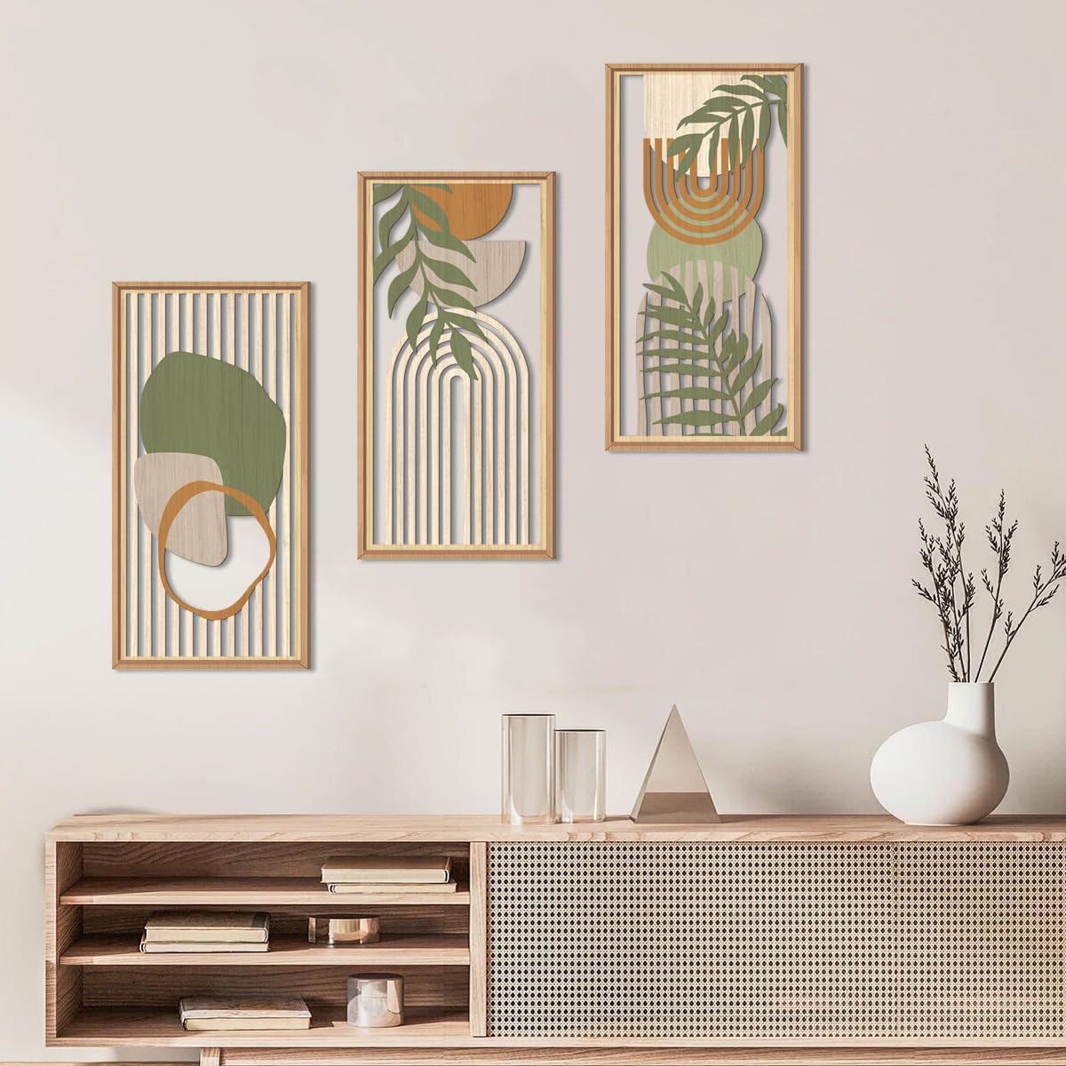 IARTTOP Large Boho Mid-century Modern Wood Wall Art 16x32 Inch Framed Green Abstract Leaf Wooden Wall Decor Bohemian Minimalist Geometric Wall Art Decor for Bedroom Living Room Office Set of 3 Gronata
