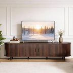 OneBlis 70" Mid Century Modern TV Stand, Wood TV Consoles with Sliding Doors and Power Outlet, Entertainment Center with Adjustable Shelves, Fluted TV Stands for Living Room, Walnut Gronata